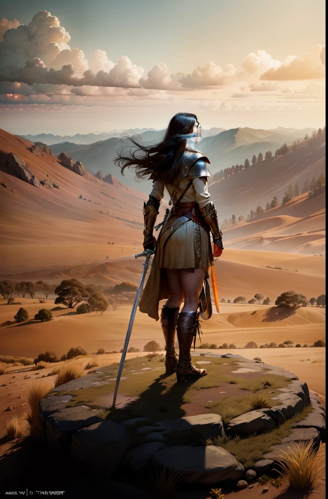 A woman in her knees with her sword stuck in the ground, portrayed in a Photography art form inspired by Annie Leibovitz. The scene depicts a warrior, gazing resolutely towards the horizon. Lens size: 50mm. Color temperature: Warm tones with golden hues. The lighting is dramatic, casting deep shadows, and the atmosphere exudes a sense of valor and determination.