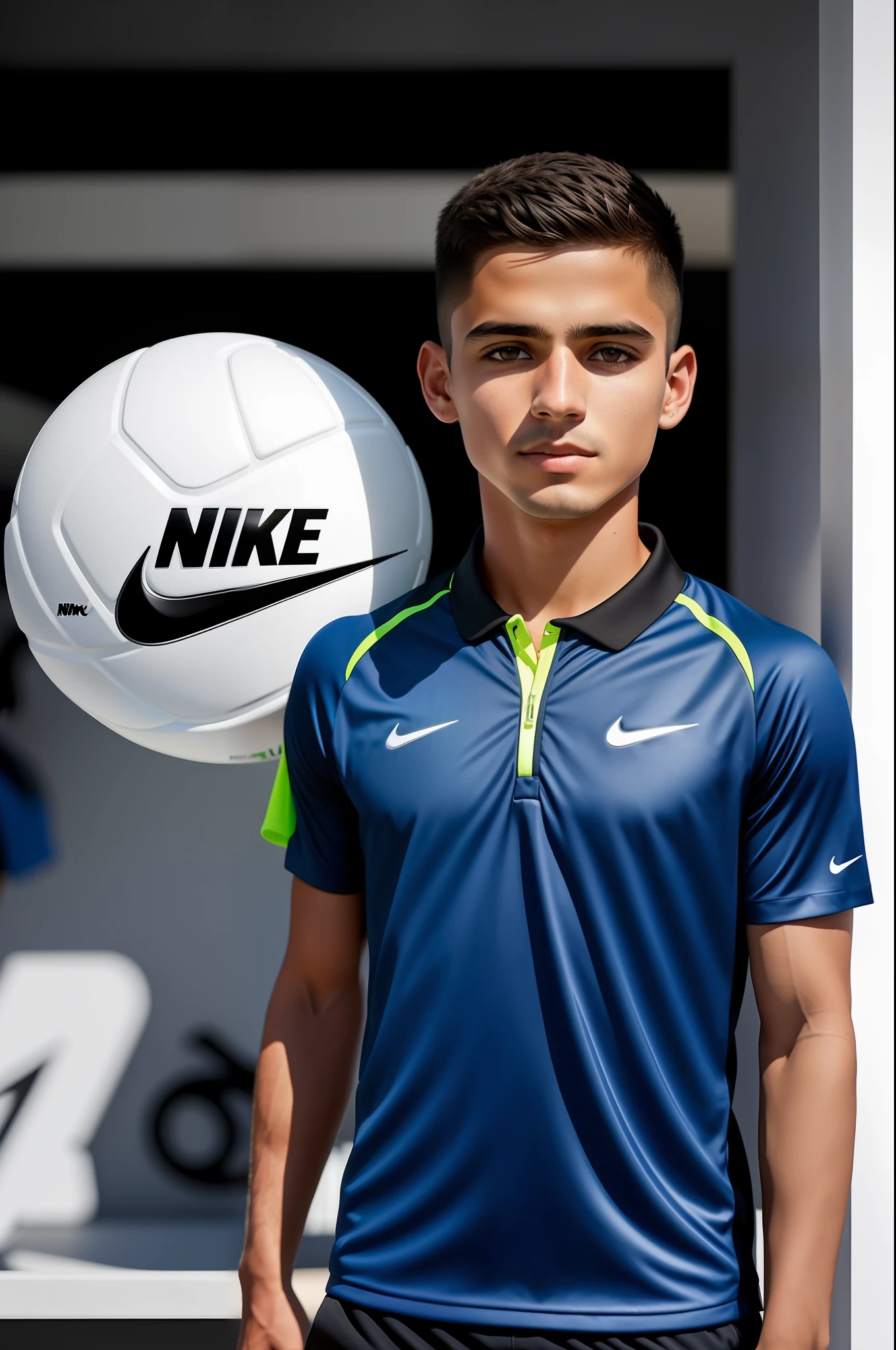 (melhor qualidade) 8k (melhores detalhes) (rosto bonito) ( rosto bem definido) ( alta resolução)Boy standing in front of a shop with a tennis racket, tennis wear, Nike, Retrato no meio da foto, Tomado com Sony Alpha 9, estilo esportivo profissional, Retrato Amplo, Nick Silva, Tiro na Nikon Z9, Swoosh, Retrato frontal, inspirado em Luis Molinari, Directed by: Ramon Silva, camisa Nike, Nikolay, Foto tirada em uma Nikon