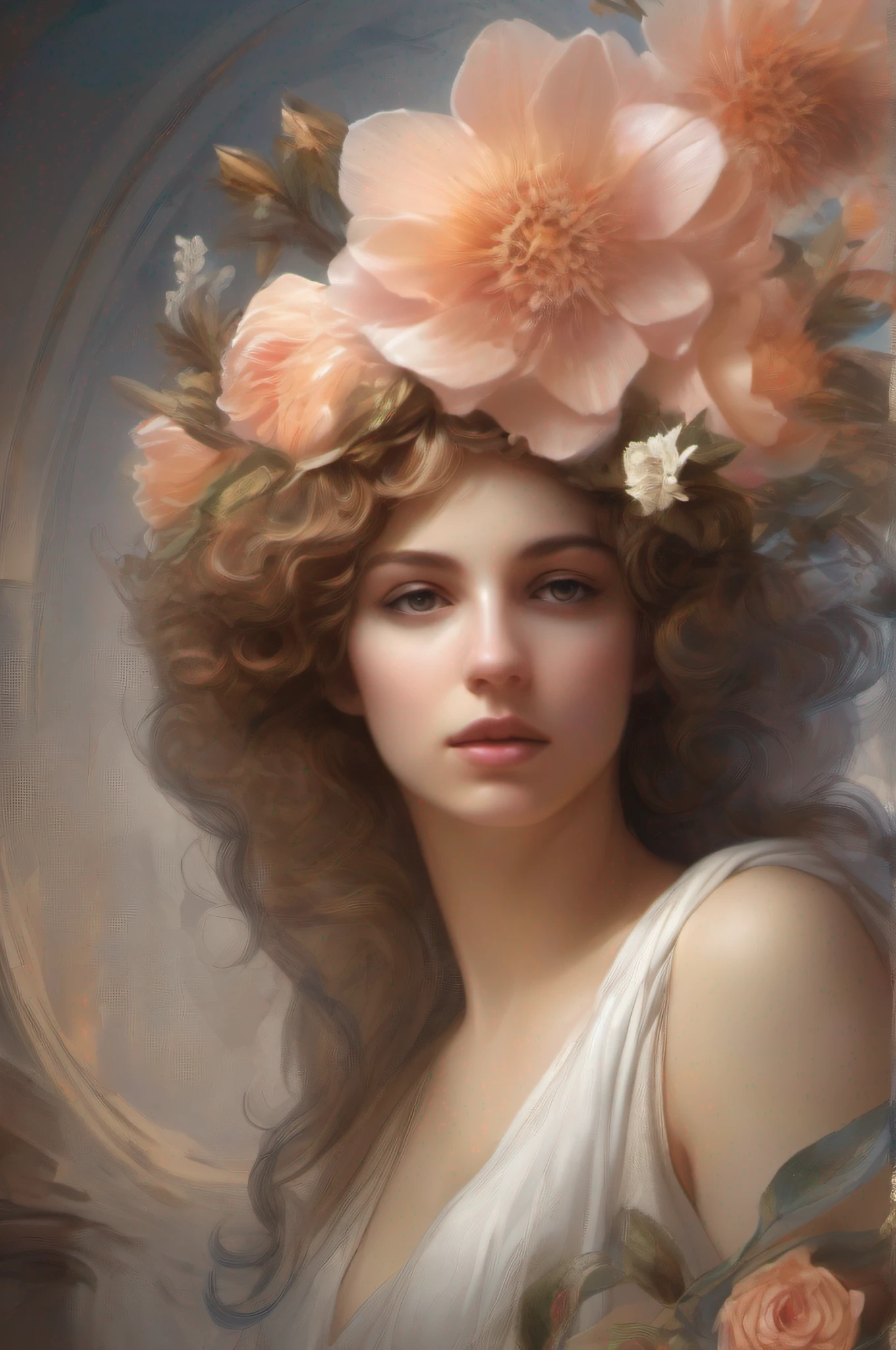 Portrait of Helen of Troy, The most beautiful of women, daughter of Zeus and Leda, femme fatale.  There are Gears and Her breath, Refractive, and a majestic peach soars above it. You feel at home. Concept art explores symbolism, but, Por fim, You're reaching for the flower, give up attachments to the image of a flower, that you wanted, And instead, focus on the image of the flower, that you loved, From scratch, Rembrandt, WLOP