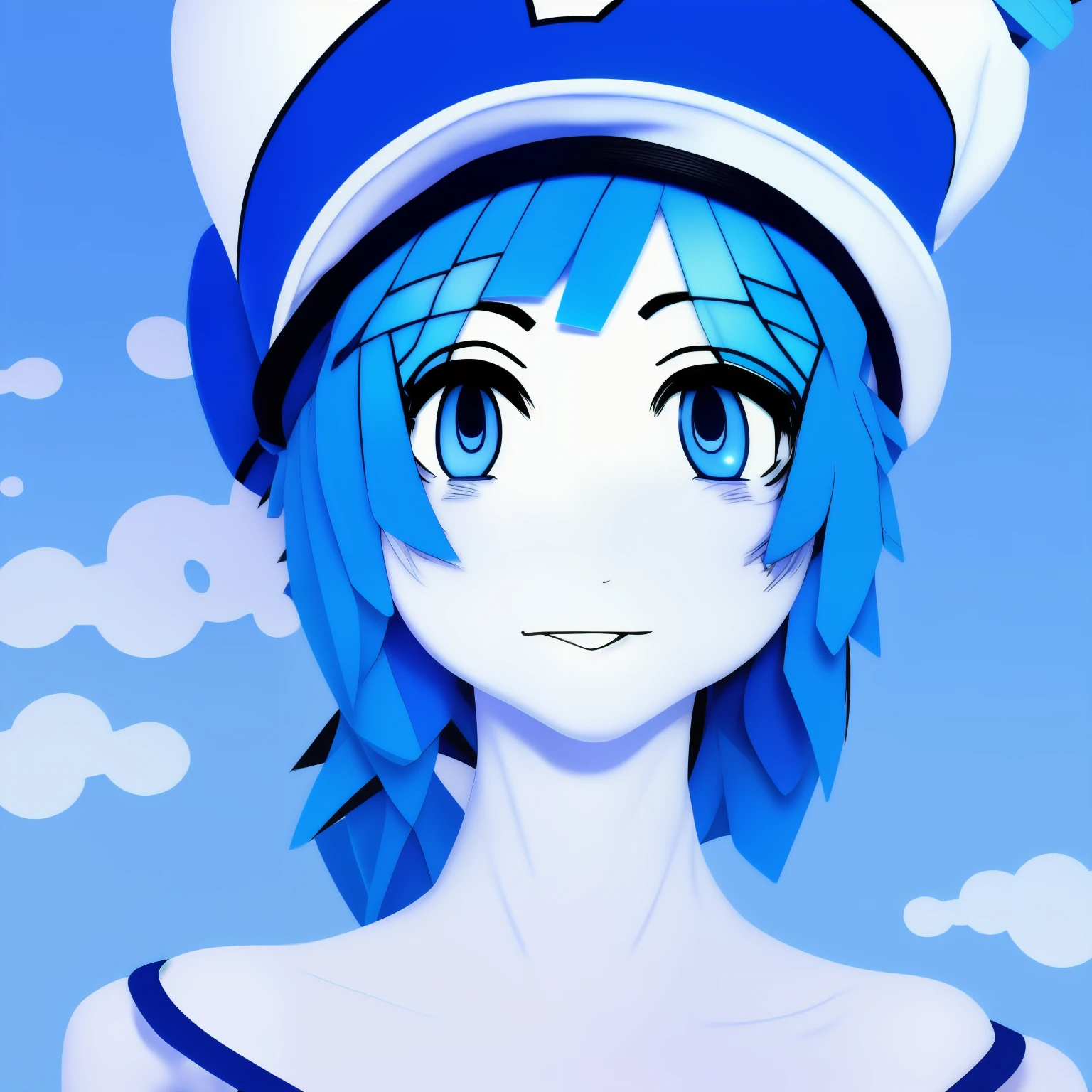 blue_hair,   hair_between_eyes,solo looking up,  masterpiece,1 girl,  simple background,   (monochrome:1.1),       blue taint,   hat, roblox acc hoakglol