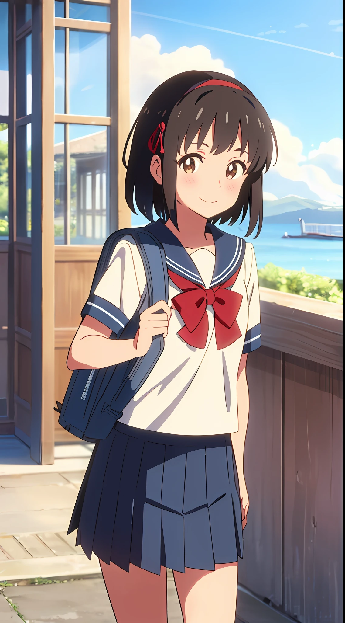 shinkai makoto, kimi no na wa., 1girl, bangs, black hair, blush, brown eyes, sky, cloud, sailor collar, blue sailor collar, sailor color, white sailor color, serafuku, looking at the viewer, outdoors, red headband, red ribbon, red bow, school uniform, short hair, smile, solo, shirt, blue skirt, pleated skirt, short sleeves, school backpack