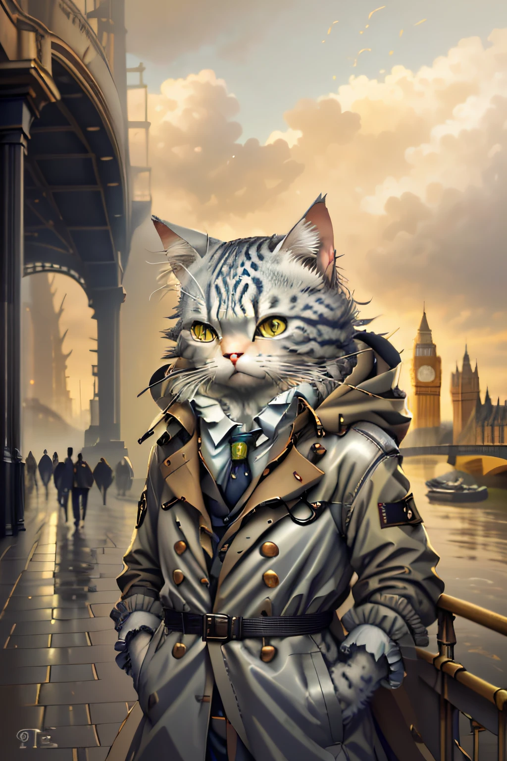 Close up photography (Silver tabby cat:1.2)anthropomorphic turtle, Wear a khaki trench coat,in london,River Thames in the background, (c4ttitude:1.3), London streets,By the Thames, Ultra photo realsisim, intricately details, (Mist:1.1),