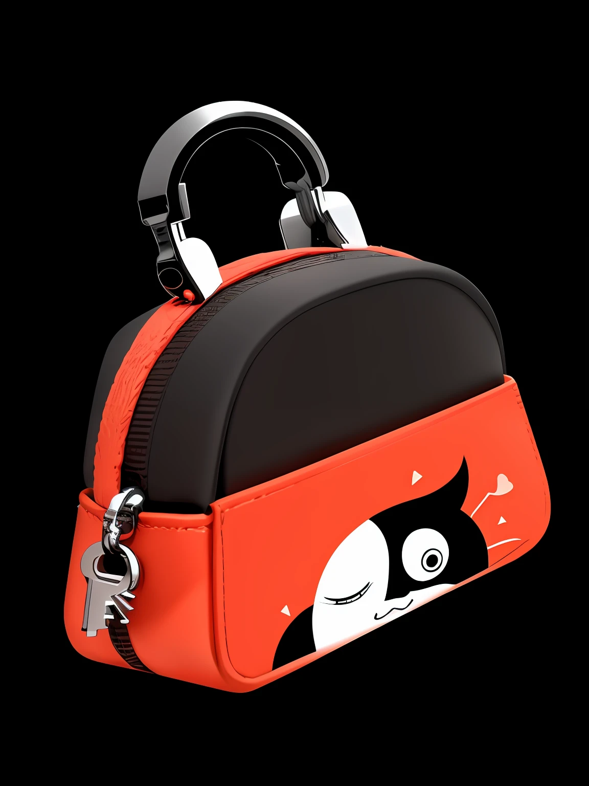 With label and key fob, coin bag，in a two-dimensional game, in the style of cartoon compositions, Ghibli Studio,shin hanga,simple ,black background,use of soft colors,light red and black and white color,close-Up(CU),two-point perspectie,Ghibli-like colours, 8k