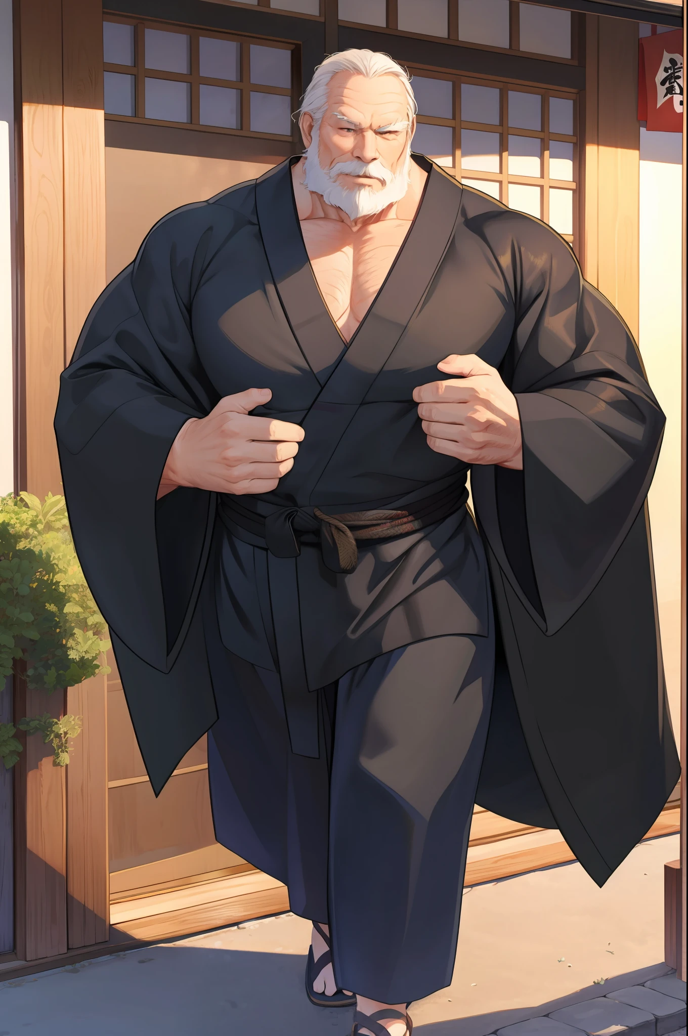 Huge Muscular old man walking in Japanese village wearing open kimono, (Black kimono (open))