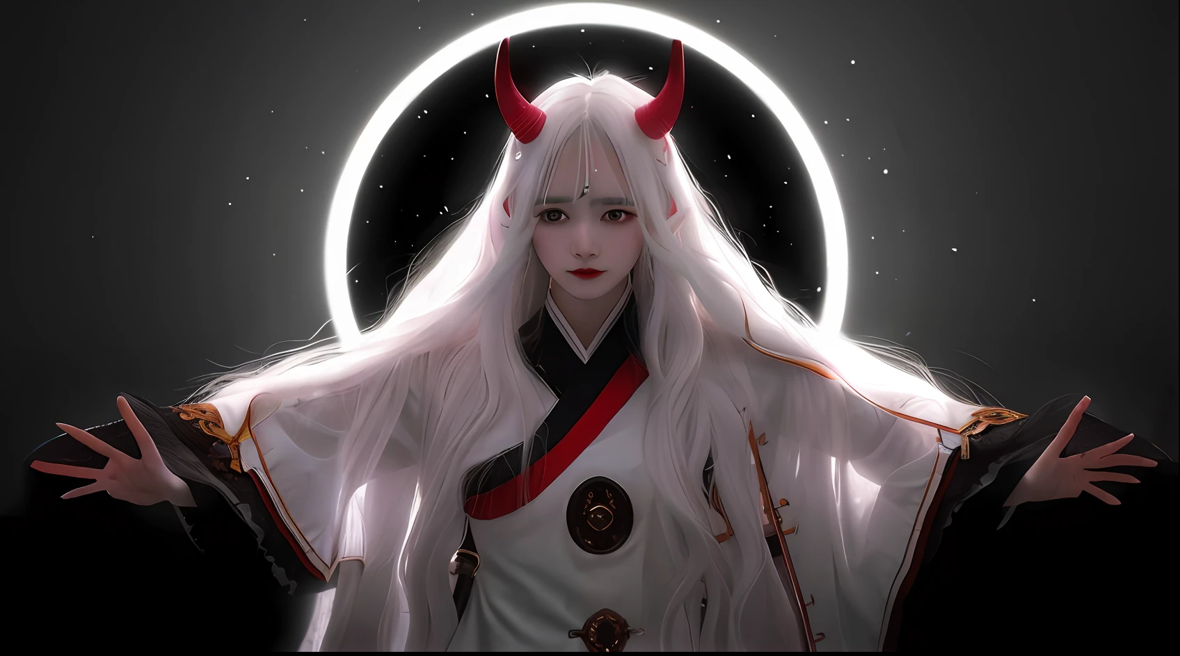 1girl,long white hair,horn,white clothes,white skin,beautiful,women face, realistic, more details, 70 mm lens