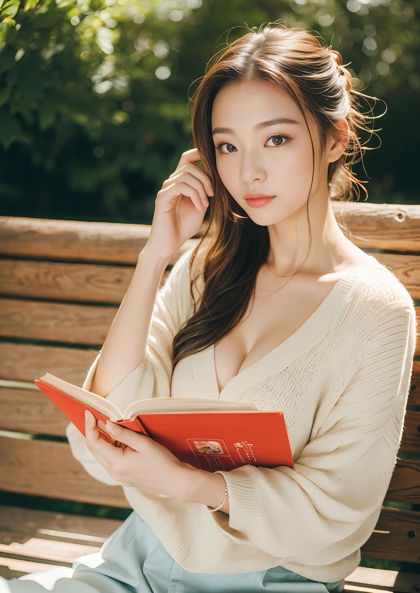 (8K、Raw photography、High sensitivity、top-quality、very detail hair、​masterpiece、超A high resolution、Photorealsitic:1.25) (8K、top-quality、​masterpiece、超A high resolution: 1.2)、Intelligent College Girl、Smile、Sexy clothes、Cardigan、Wavy medium hair、Half Up Ponytail、独奏、read a book、lecture、a park、Read with one hand、Benches、Oblique sideways eyes、accurate detail、Delicate eyes、shinny skin、cool expression、super detailing、​masterpiece、hight resolution、8K Picture Wallpaper、finely detail