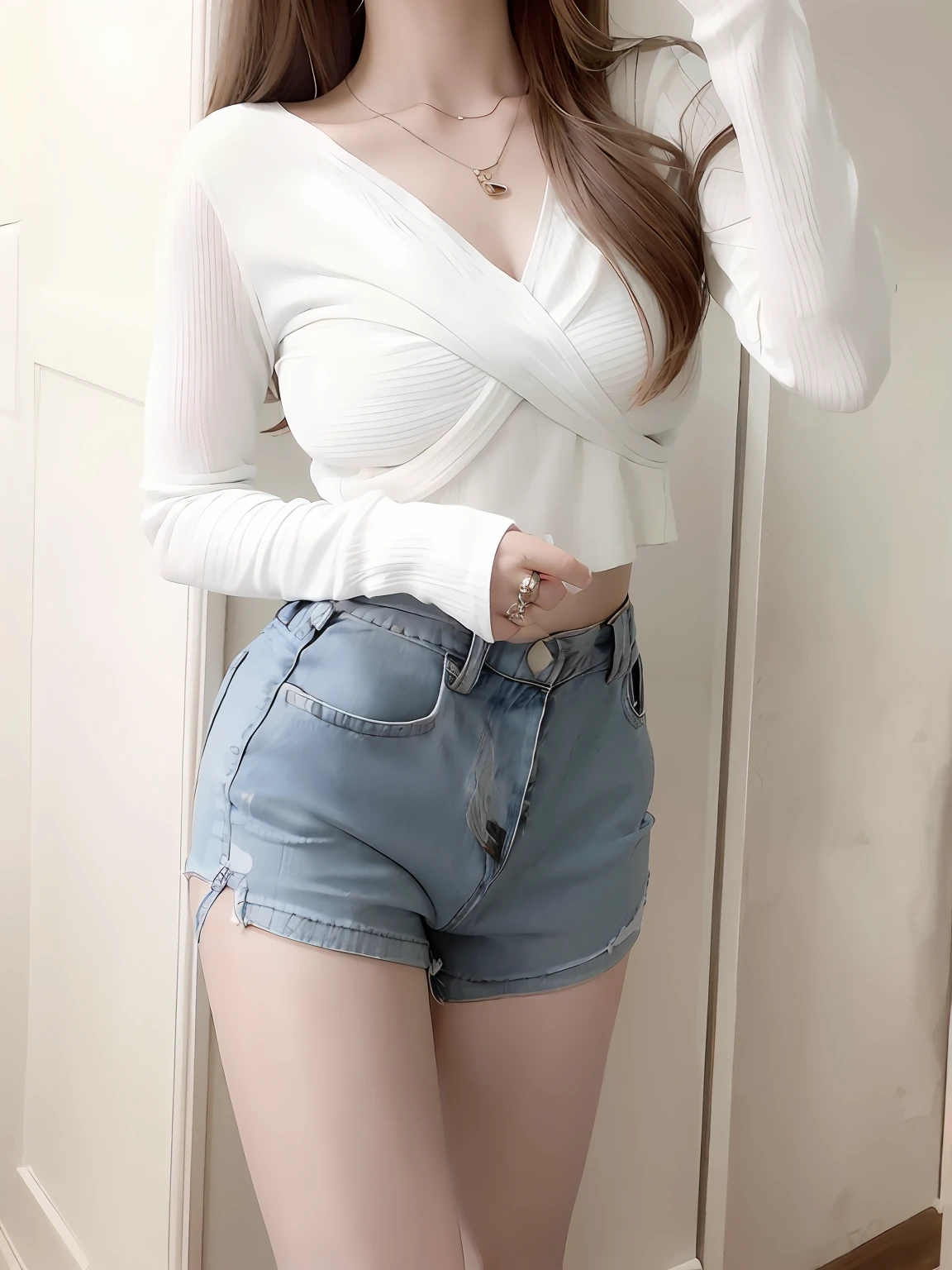 Girl taking a selfie in a white top and denim shorts, denim short, short jeans pants, Open V chest clothes, Casual clothes, wearing tight simple clothes, ( ( ( Wearing jeans ) ) ), White top, shorter pants, skinny waist and thick hips, very short pants, Denim shorts, is wearing a shorts, hot pant, denim hot-pants