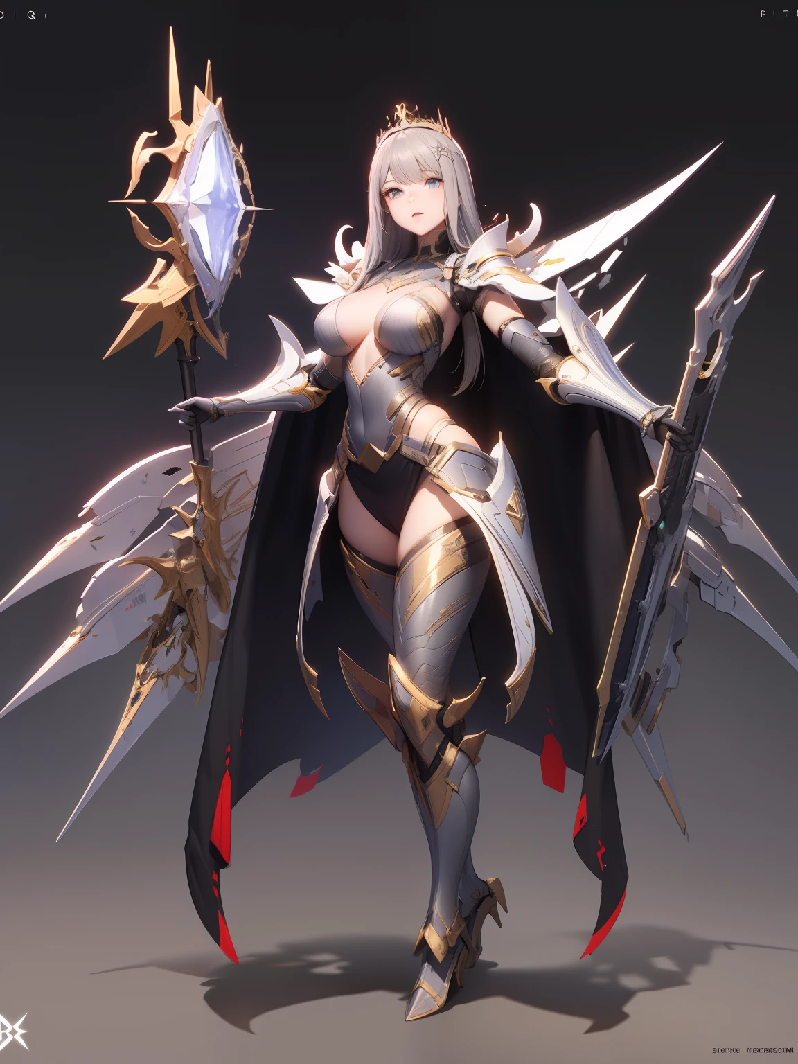 Exoskeleton mech,afofuturism,Gold and red theme style,offcial art,Unity 8k wallpaper,Hyper-detailing,Master masterpieces,,Best quality at best,A woman who is,(The is very detailed),(RAW photos,best qualtiy),(Realistis,realisticlying:1.3),High- sharpness,Open Your Mouth Lightly,Ultra detailed complex 3D rendering of the face,Mecha back,(highly detailedskin:1.2),),Beautiful Caucasian Woman,Soft breasts and fair skin ,Black color hair,eBlue eyes,long whitr hair,,dynamic angle,Mysterious expressions,fire glow effect,Fantasy background,edge lit,Side brightness,cinematric light,hyper HD,8K,filmgrain,Best shadow,light particules,detailed skin textures,Detailed jewel armor texture,detailed face with,with intricate detail,ultra - detailed,brightly,sturdy,Silver armor,,Slender abs, have glowing weapons,Mecha shield,pole,(Beautiful huge mech crown with details)),shinning eyes,long cape,fanciful,,,,,(Realistis),