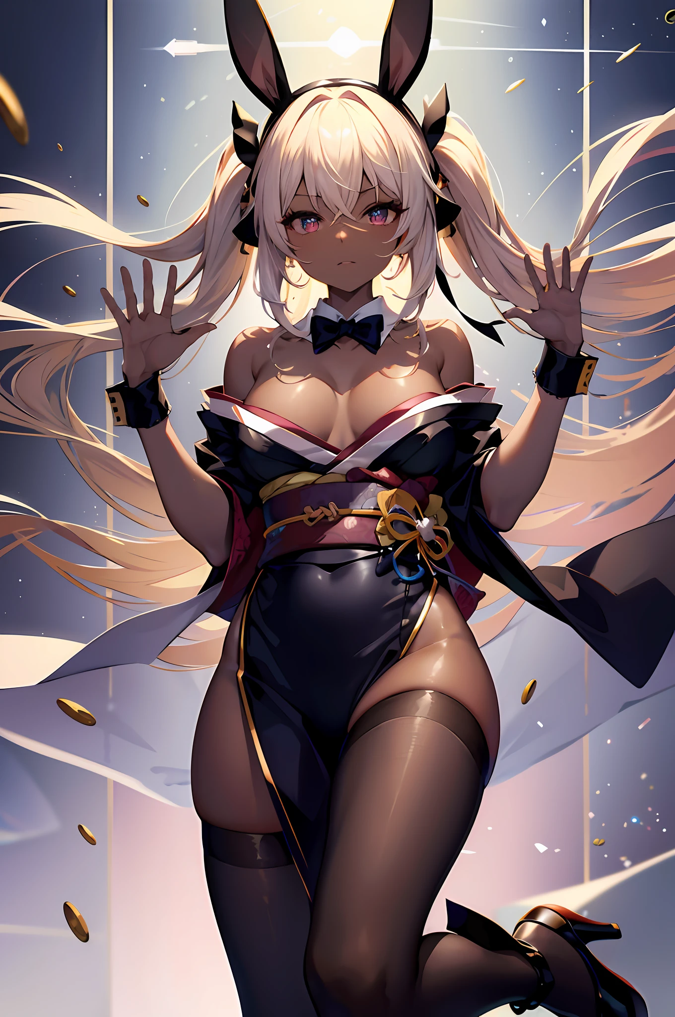 Highest Quality, ​masterpiece, unbelievably beautiful, very delicate 8k wallpaper, Transcendently Beautiful Girl, (beautifully detailed eyes:1.1), BREAK, (black gal), (Dark skin:1.5), (long Blonde Hair Pink Gradient Hair), BREAK, Flat_Chest, Huge_breasts, wide_lower back, Open your mouth and laugh smile, long eyelashes, makeup, BREAK, Rabbit ear headband, Rabbit tail, (kimono Bunny Girl:1.2), wrist_Cuffs, bowtie, Black_pantyhose, high_heels, BREAK, (Five Fingers, 4fingers and 1thumb), (Bare arms, Bare shoulders), Casino, Roulette table, Lots of coins,