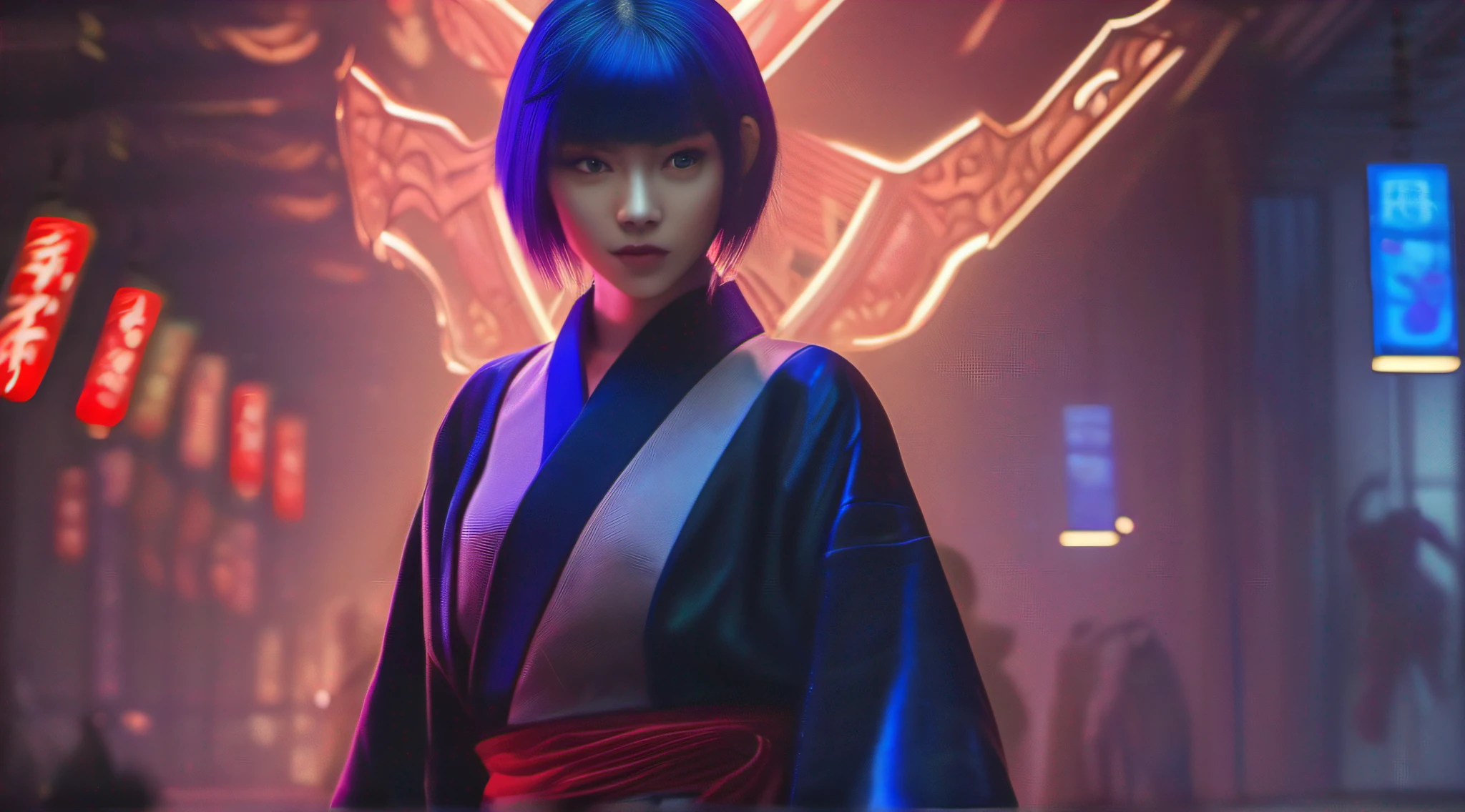 Japan Demon chases a beautiful girl、18yo, purple short hair, blue eyes,Conceptual art, best photo shot, glowing light, realistic, UHD, textured skin, masterpiece, anatomically correct, best quality, 8k, full body,