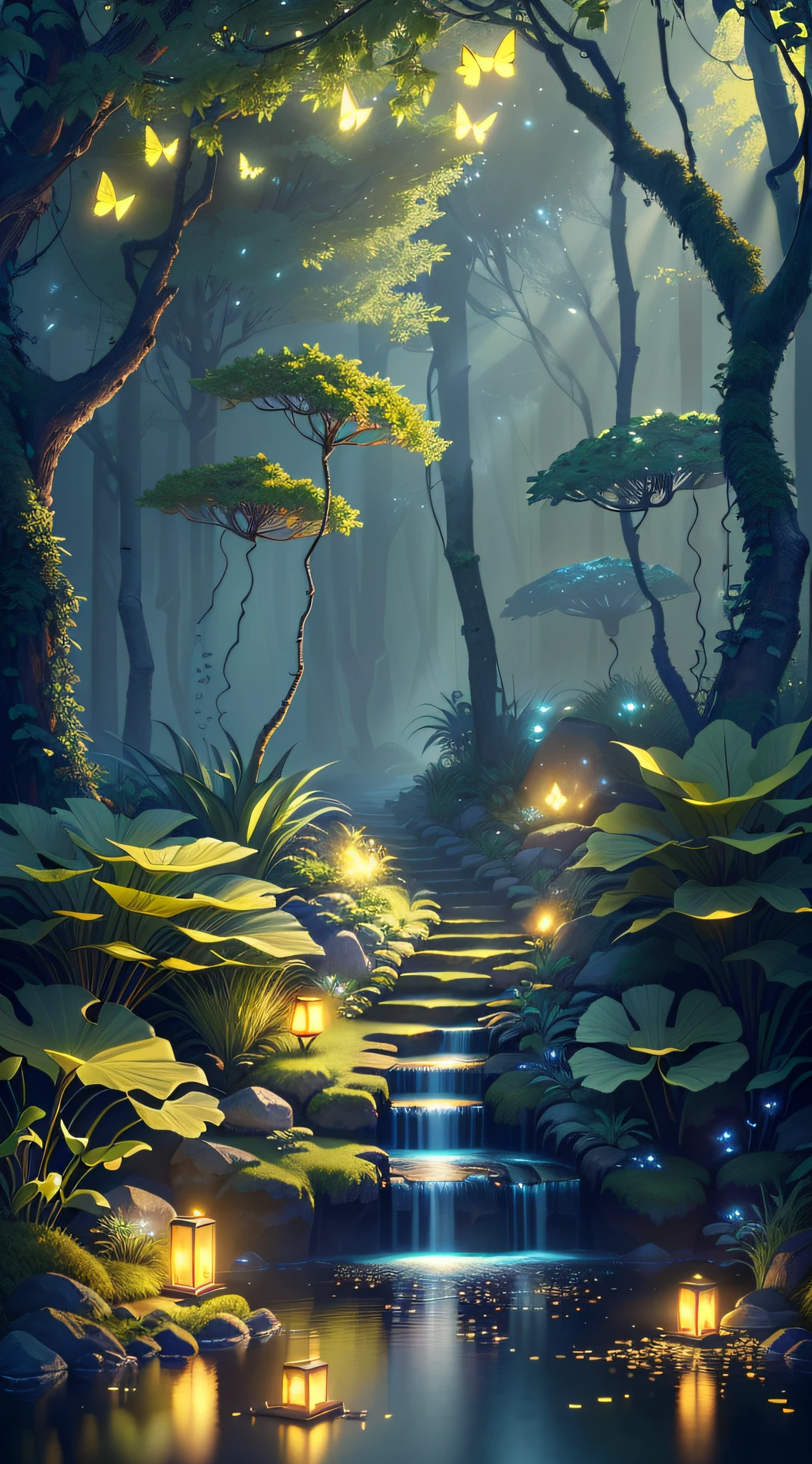A masterpiece, the best quality, stunning reflections, the best reflections ever. (very detailed CG unity 8k wallpapers), (best quality), (best illustrations), (best shadows), forest theme with natural elements. Tall trees, quiet streams, small glowing mushrooms surrounded by delicate leaves and branches, with fireflies and glowing particle effects,, (natural elements), (jungle theme), (leaves), (twigs), (fireflies), butterflies, (delicate leaves), (glow), (particle effects). , Isometric 3D, Octane Rendering, Ray Traced, Super Detailed
