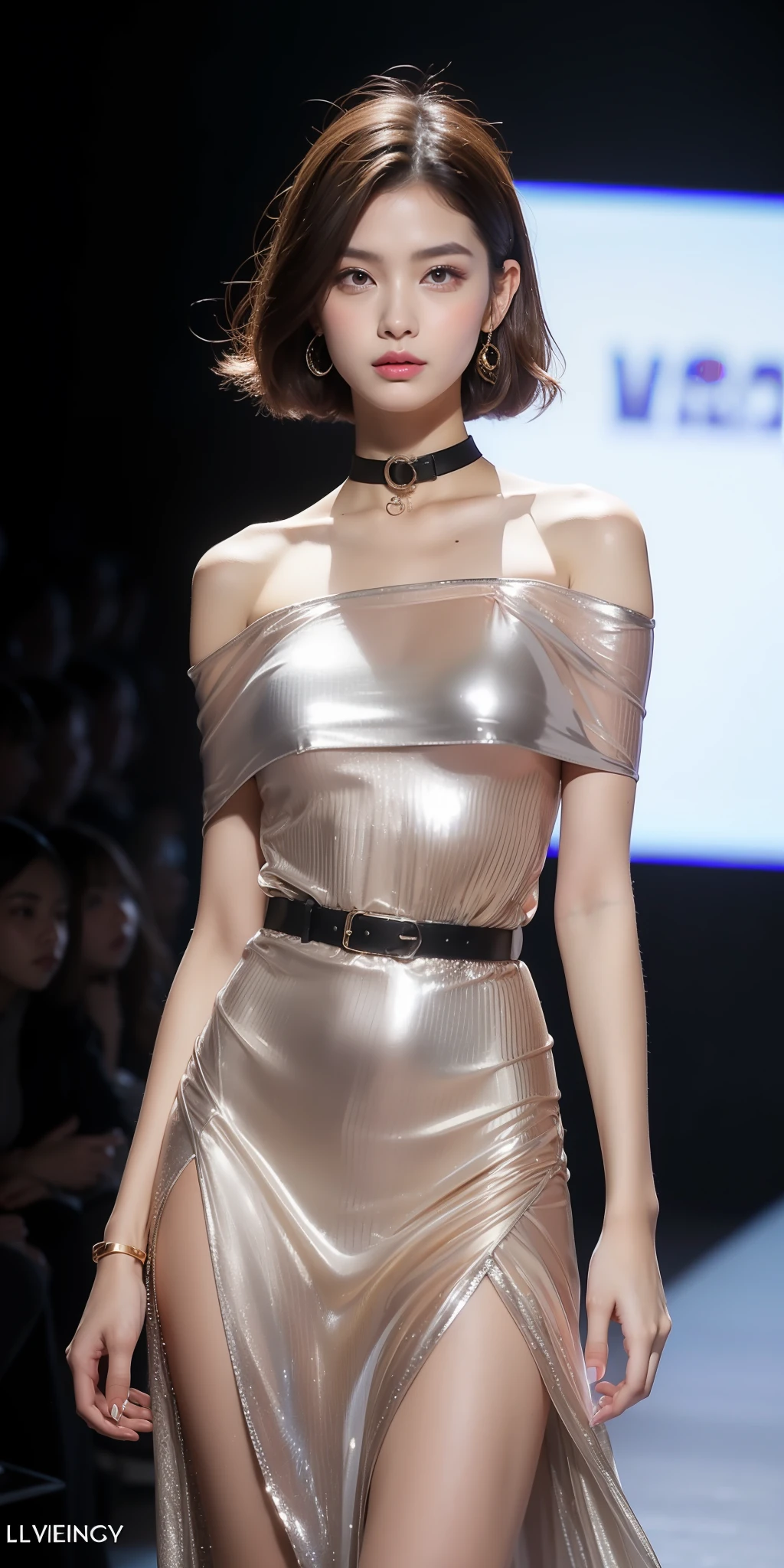 (Best quality, 8k, 32k, Masterpiece, UHD:1.2),Photo of Pretty Japanese woman, 1girl, (medium-short dark brown hair), double eyelid, fashion model,1.77meters, beautiful , contemporary cut,unique maxi very wet silver dress with slit, off-shoulder, gold belt, choker, stand tall, runway, huge stage, Paris Collection, nsfw, , see through,,,see-through_blouses,breast_pasty,(Medium shot:1.4)