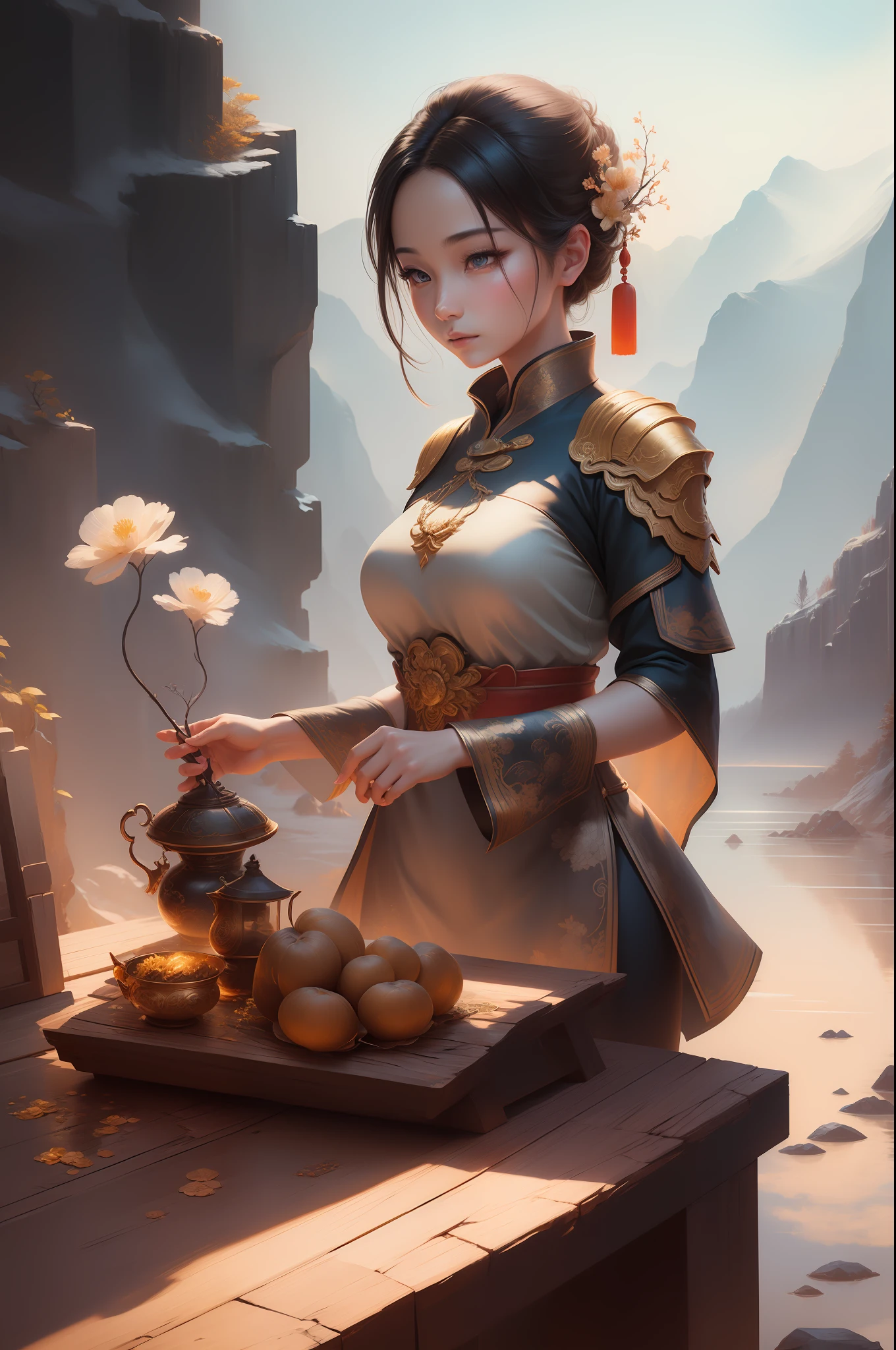 (((woman))),Ancient Chinese landscapes，mountain ranges，Gold grain，rios，Auspicious clouds，rays of sunshine，tmasterpiece，super detailing，Epic composition，hyper HD，high qulity，extremely detaile，offcial art，Unity8k wallpapers，super detailing，32k -- v 5