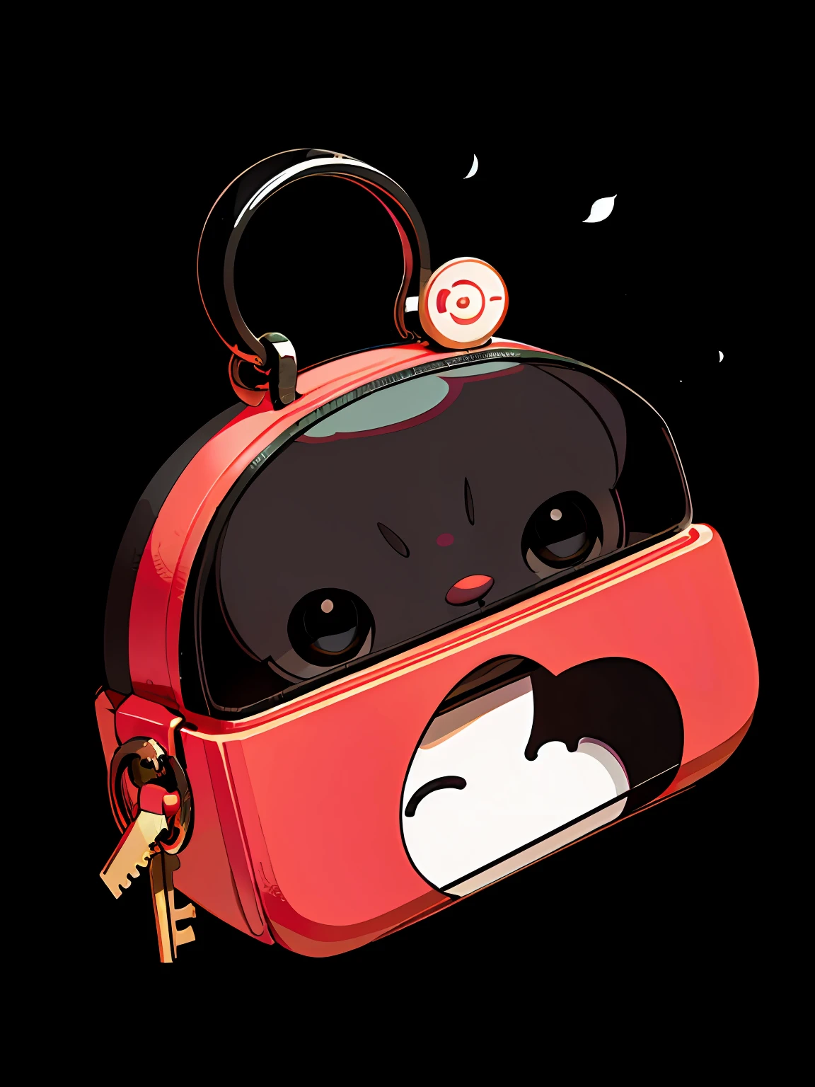 With tag and key fob, coin bag，In two-dimensional games, In the style of cartoon composition, by Ghibli Studio,shin hanga,Simple ,Black background,Use pastel colors,Light red and black and white,Close-up(CU),two point perspective,Ghibli-like colors, 8K