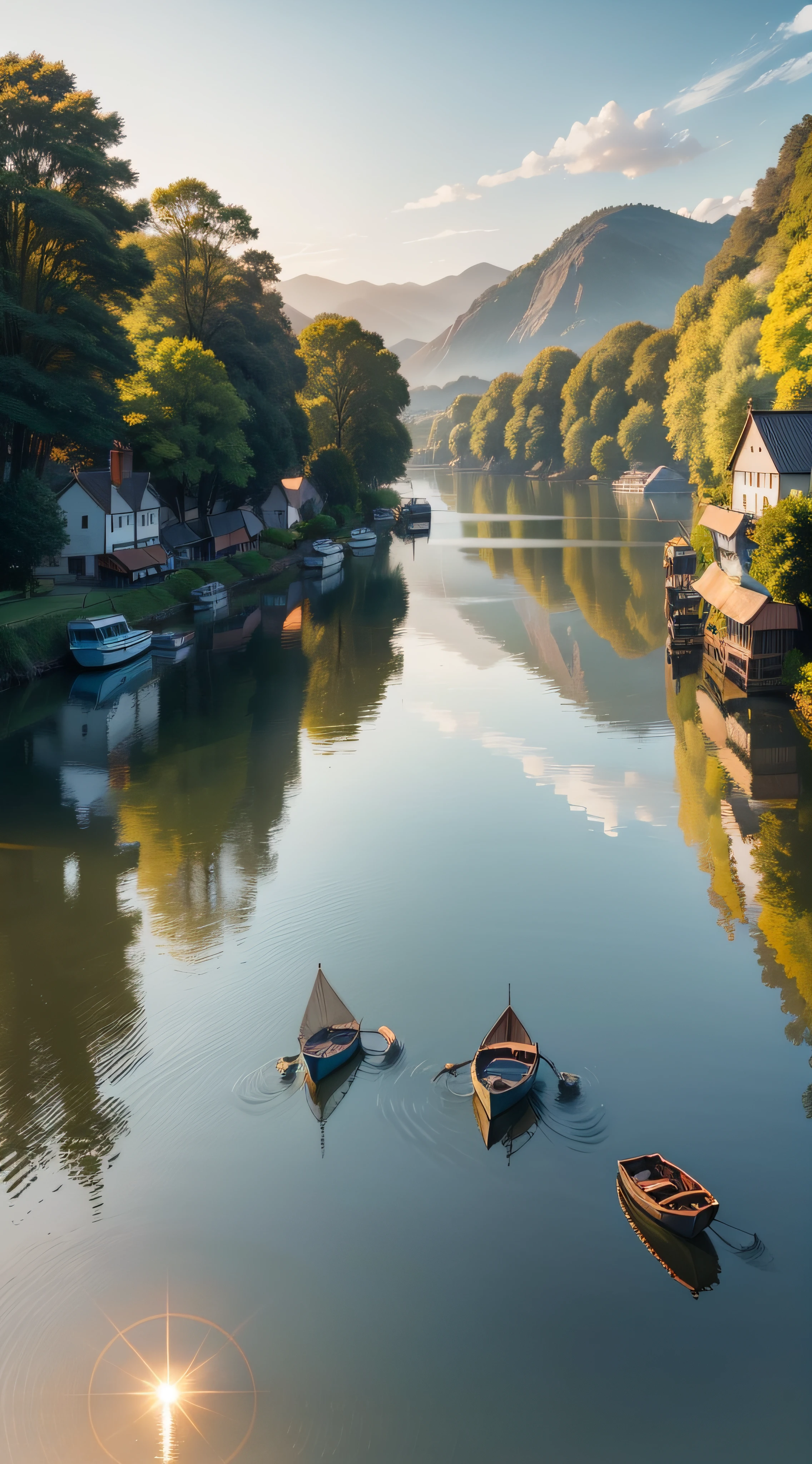 Emphasize natural elements such as sunlight streaming through grass blades, creating sparkling reflections on the river's surface.
Highlight the reflection of riverside houses on the water, along with traditional fishing boats heading out.