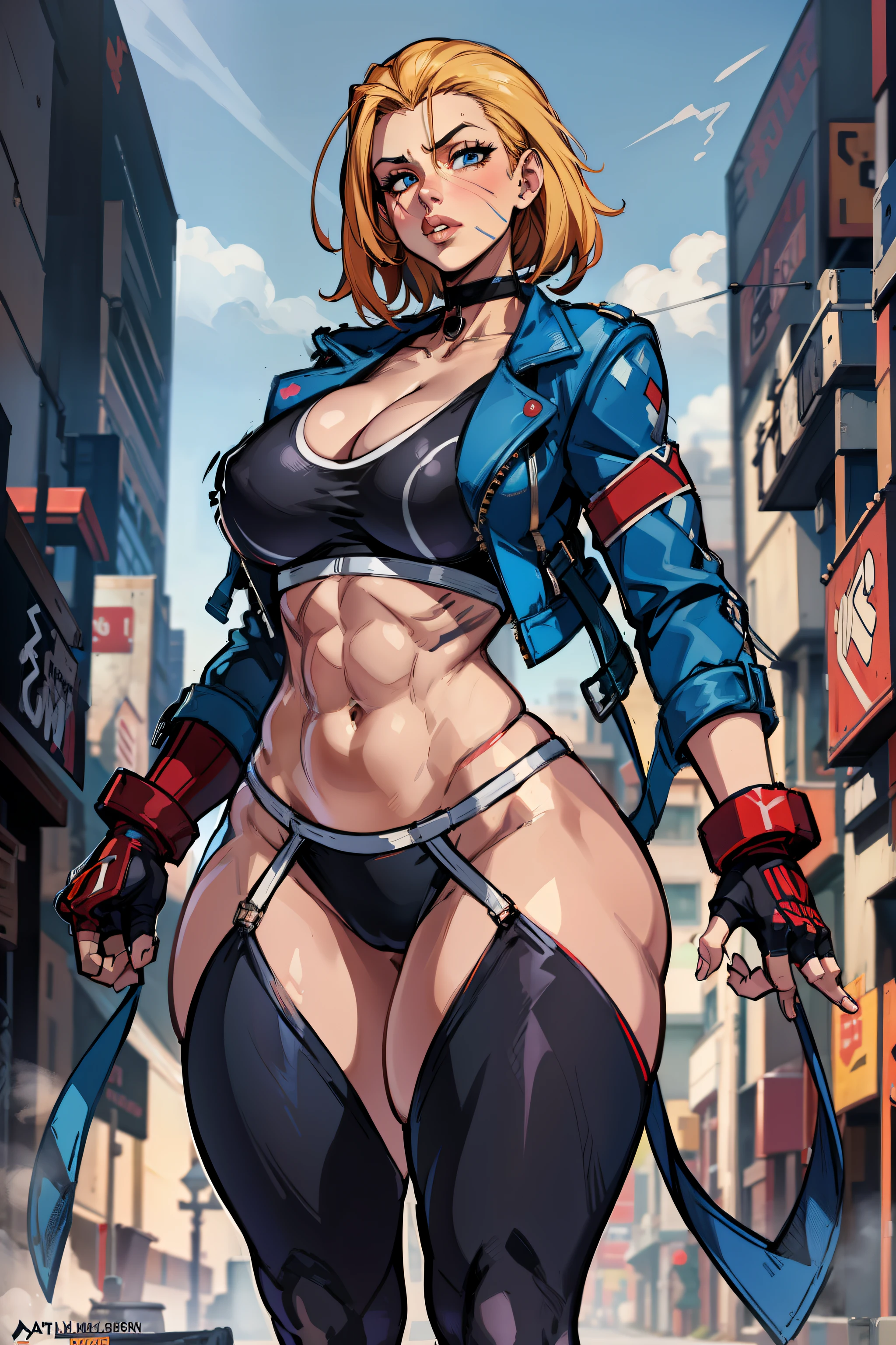 1girl, aged up, thick lips, cammyms, sf6, gloves, navel, cleavage, jacket, choker, midriff, thong, fingerless gloves, crop top, scar, black thong, thighhighs, abs, blue jacket, cropped jacket, sports bra, large breasts, blurry, blurry background