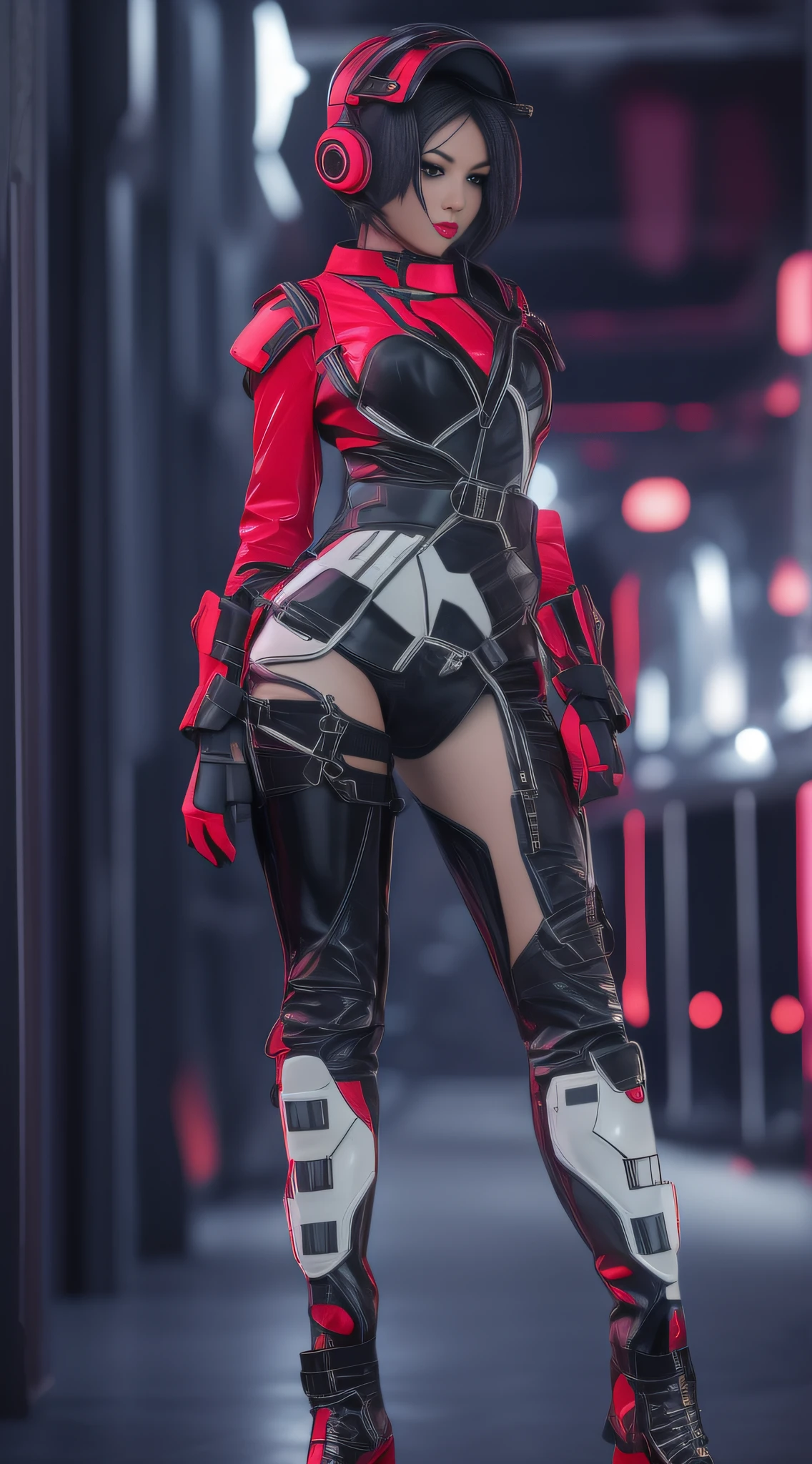 Solo, ultra fine photos, full body photo picture Unreal Engine 5 8K UHD, Semi-black and white color scheme futuristic tight thick military-tactical armor, Slim body, Cyberpunk design, latex long glove, Latex thigh boots, black lence stockings, Red neon detail, beautiful make up, Best quality, Masterpiece, Unified 8k wallpaper, Super detailed, Sharp focus, Sexy pose,