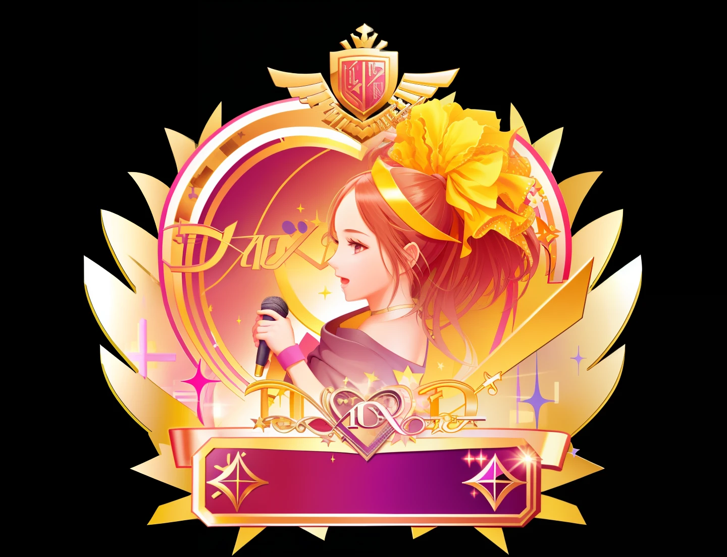 Close-up of singing girl,holding microphone in hand,With straps and banners, Official artwork, Musical performance, singing for you, emblem, pictogram, kda, Soul singer, Album art, background artwork, dazzling gem in the hilt, shield emblem, Dance music performance, game icon asset, phonk music background, singers, Showcase, music festival, heartthrob, vocal