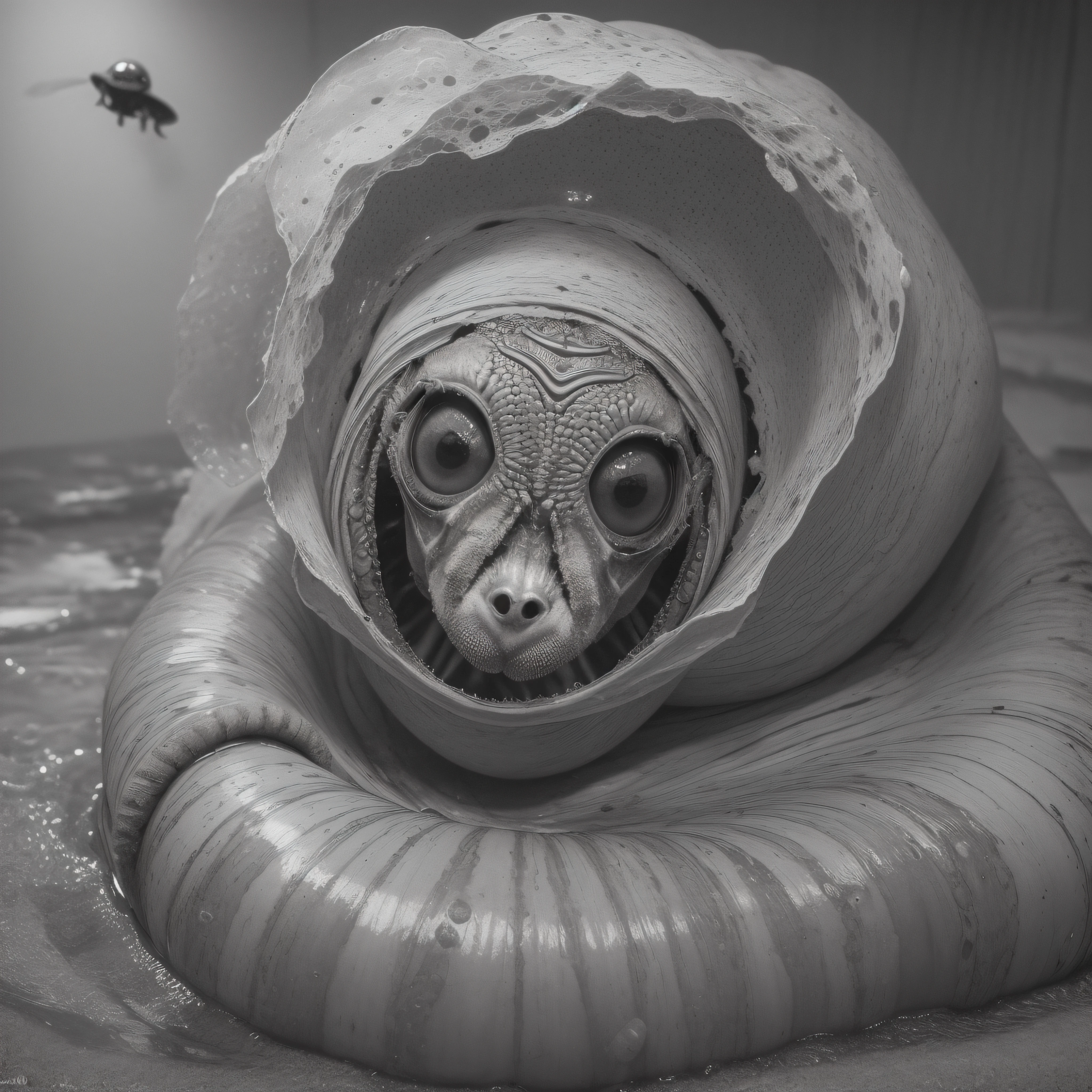 (extremadamente detallado, obra maestra, La mejor calidad), Estilo oscuro, intense illumination, rostro con arrugas, lengua larga, tentacle, deforme, monstruoso, interior de una piscina de agua verdosa, imagen submarina, alien con Colmillos finos, pico de pulpo amenazante. manchas de tinta. Rococo composition. Luz de caravaggio