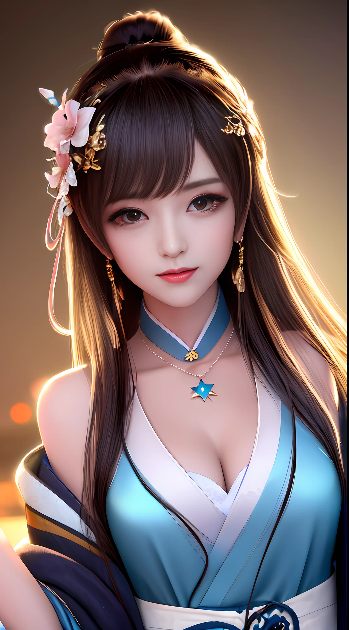best quality, masterpiece, highres, 1girl,blush,(seductive smile:0.8),star-shaped pupils,china hanfu,hair ornament,necklace, jewelry,Beautiful face,upon_body, tyndall effect,photorealistic, dark studio, rim lighting, two tone lighting,(high detailed skin:1.2), 8k uhd, dslr, soft lighting, high quality, volumetric lighting, candid, Photograph, high resolution, 4k, 8k, Bokeh