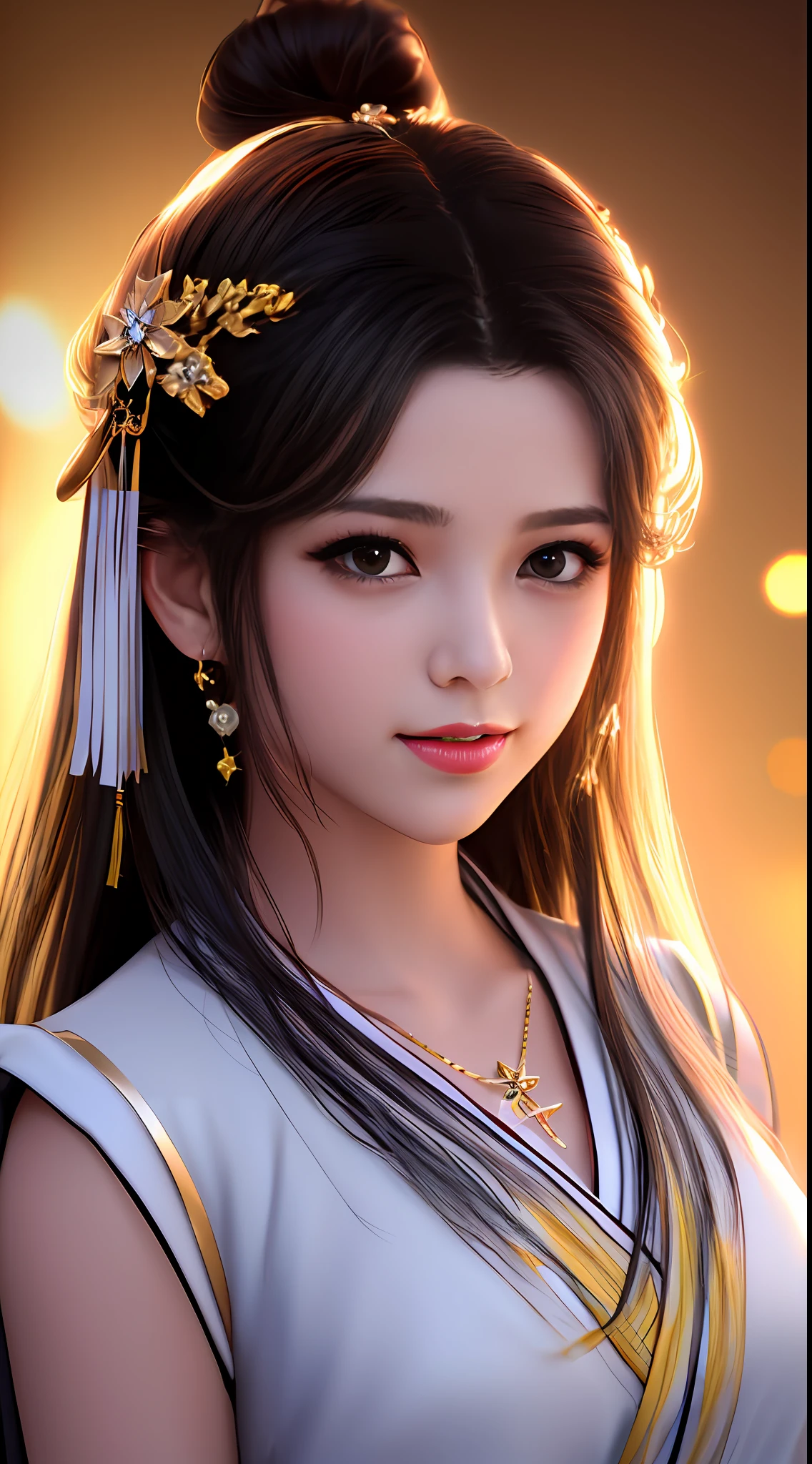 best quality, masterpiece, highres, 1girl,blush,(seductive smile:0.8),star-shaped pupils,china hanfu,hair ornament,necklace, jewelry,Beautiful face,upon_body, tyndall effect,photorealistic, dark studio, rim lighting, two tone lighting,(high detailed skin:1.2), 8k uhd, dslr, soft lighting, high quality, volumetric lighting, candid, Photograph, high resolution, 4k, 8k, Bokeh