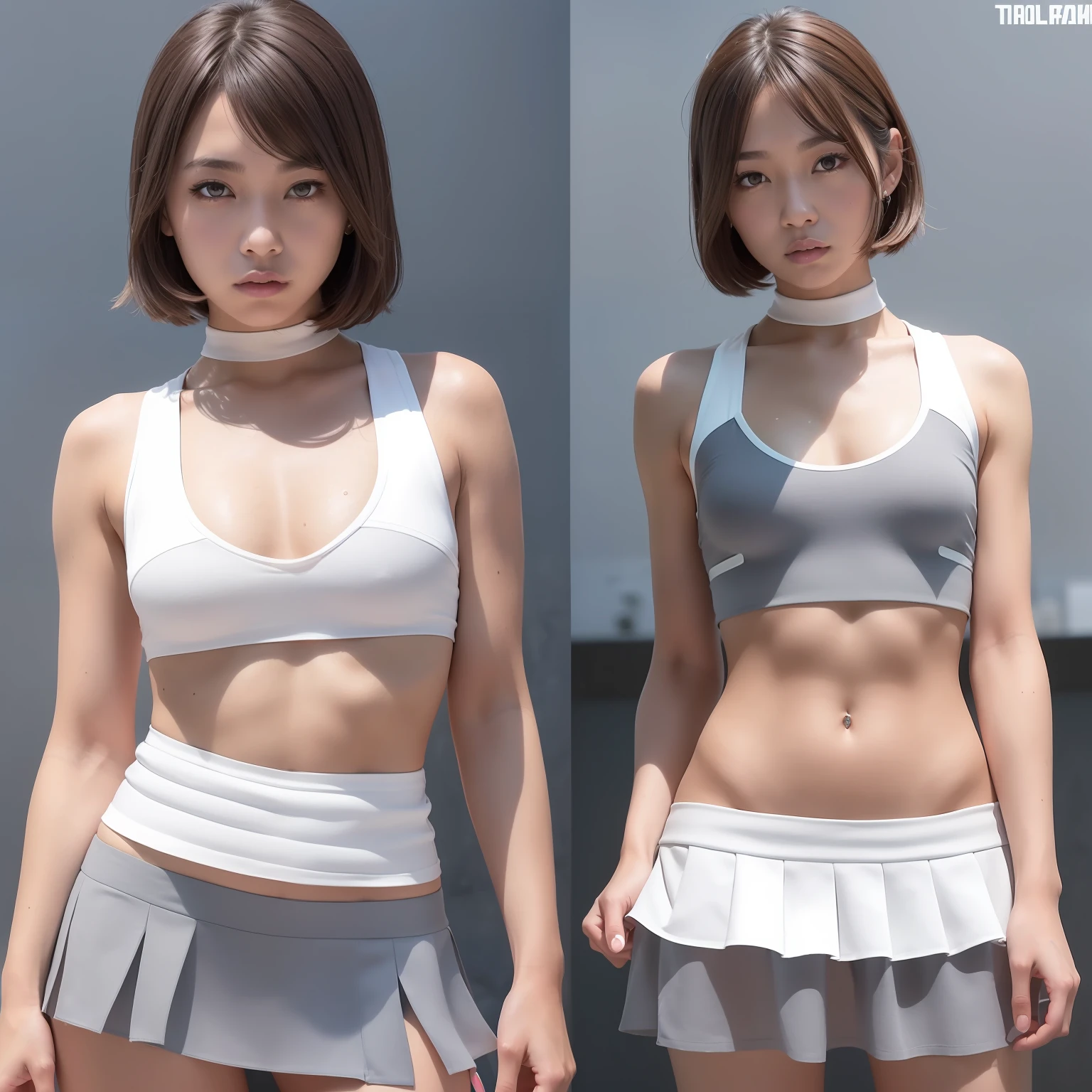 (Solo), (a detailed full-body RAW photo of a girl), (masutepiece:1.0), (Best Quality:1.4), (超A high resolution:1.2), (Photorealistic:1.4), 8K resolution, Canon EOS R5, 50 millimeters, absurderes, ultra-detailliert, (40 year old), Cinematic lighting, Detailed beautiful face, (no-makeup:1.2), (ulzzang -6500-v1.1), petite figure, Detailed skin texture, (flat chest:1.4), (skinny and fit body:1.6), Detailed brown hair,  sweltering,(Very short hair:1.5), See Through wear, (gray and white thin tennis mini skirt:1.5), More transparent, low rise, realistic glistening skin, Detailed texture, Cameltoe, well-developed abs, erect nipples, wet wear, stylish porse, dark tanned skin, white underboob,