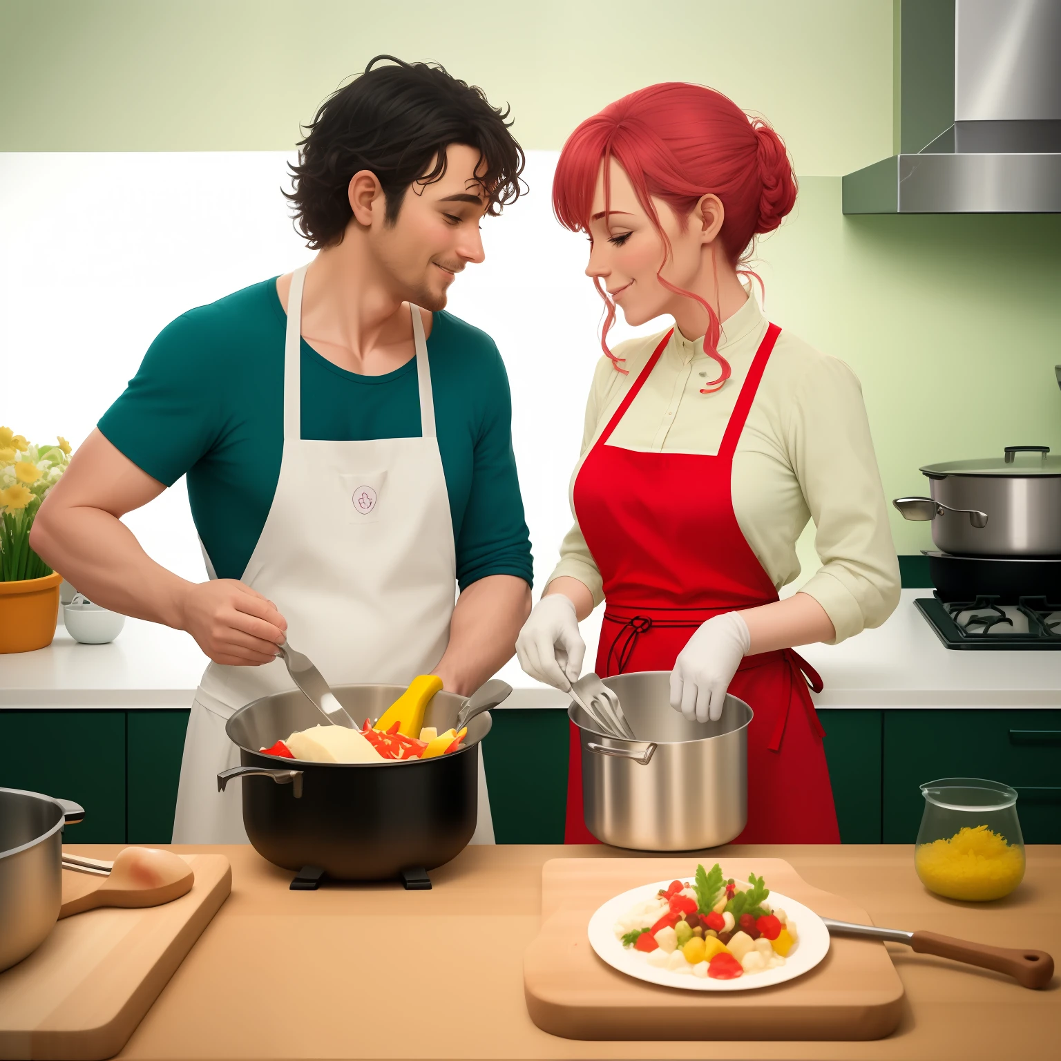 Um casal cozinhando na cozinha, working as a team and sharing moments of relaxation while preparing a meal together. Colorful ingredients and cooking utensils are scattered around the countertop, revealing complicity and collaboration in building a love that is cultivated on a daily basis.
