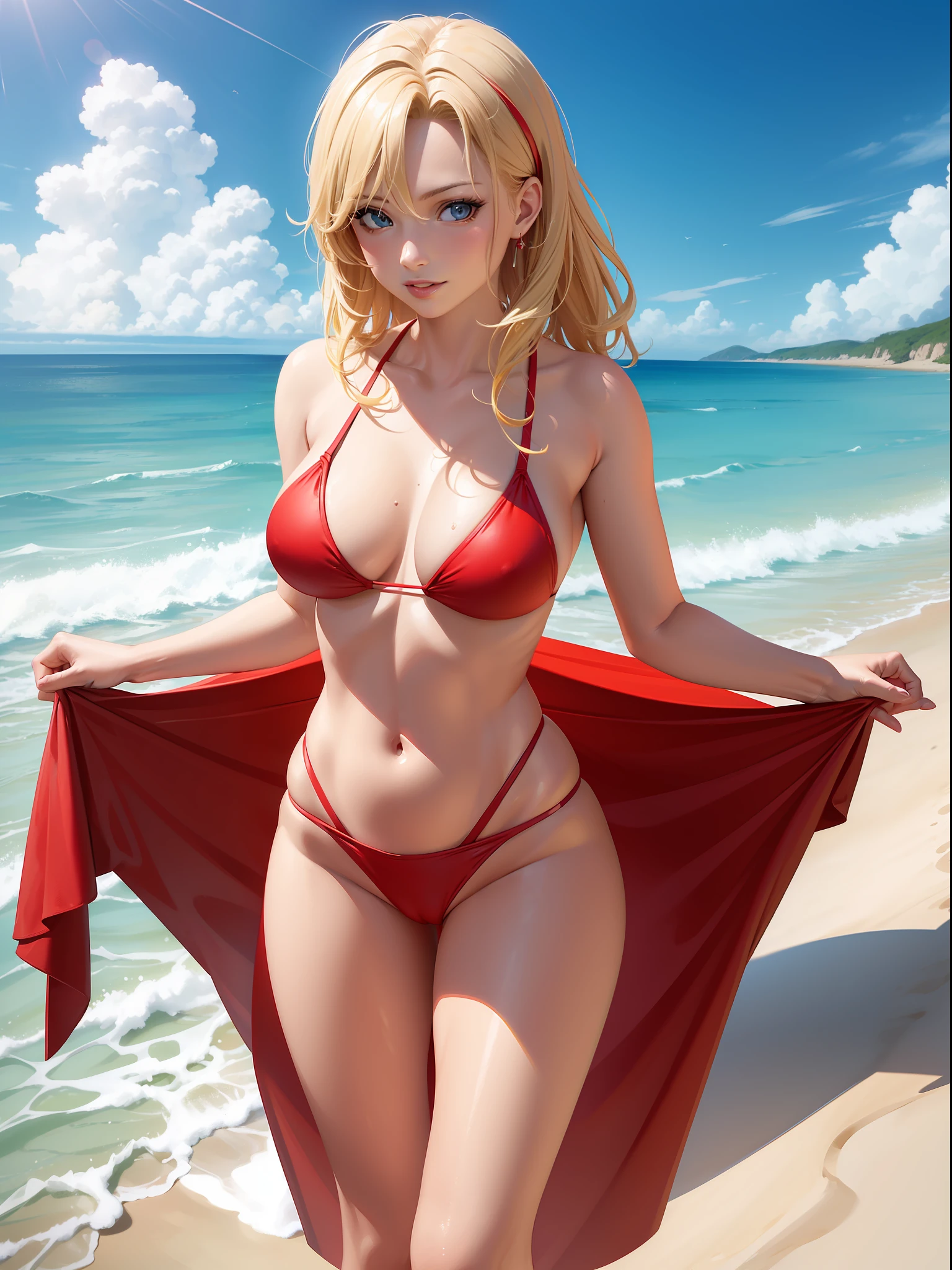 masterpiece, 4k, Beautiful blonde woman detailed defined body in a red bathingsuit at a populated beach, pamela anderson, baywatch, sunny weather, waves