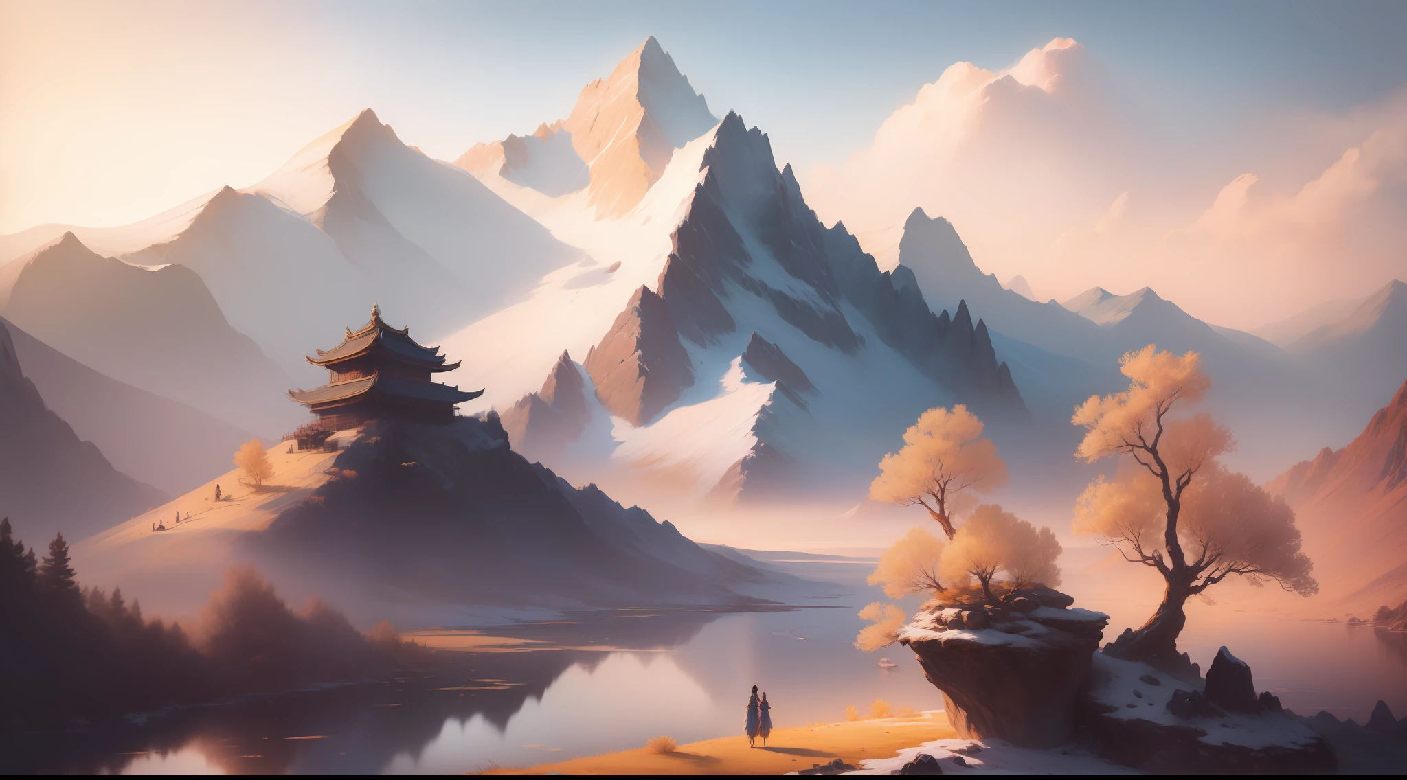 (((woman))),Ancient Chinese landscapes,mountain ranges,Gold grain,rios,Auspicious clouds,rays of sunshine,tmasterpiece,super detailing,Epic composition,hyper HD,high qulity,extremely detaile,offcial art,Unity8k wallpapers,super detailing,32k -- V 5