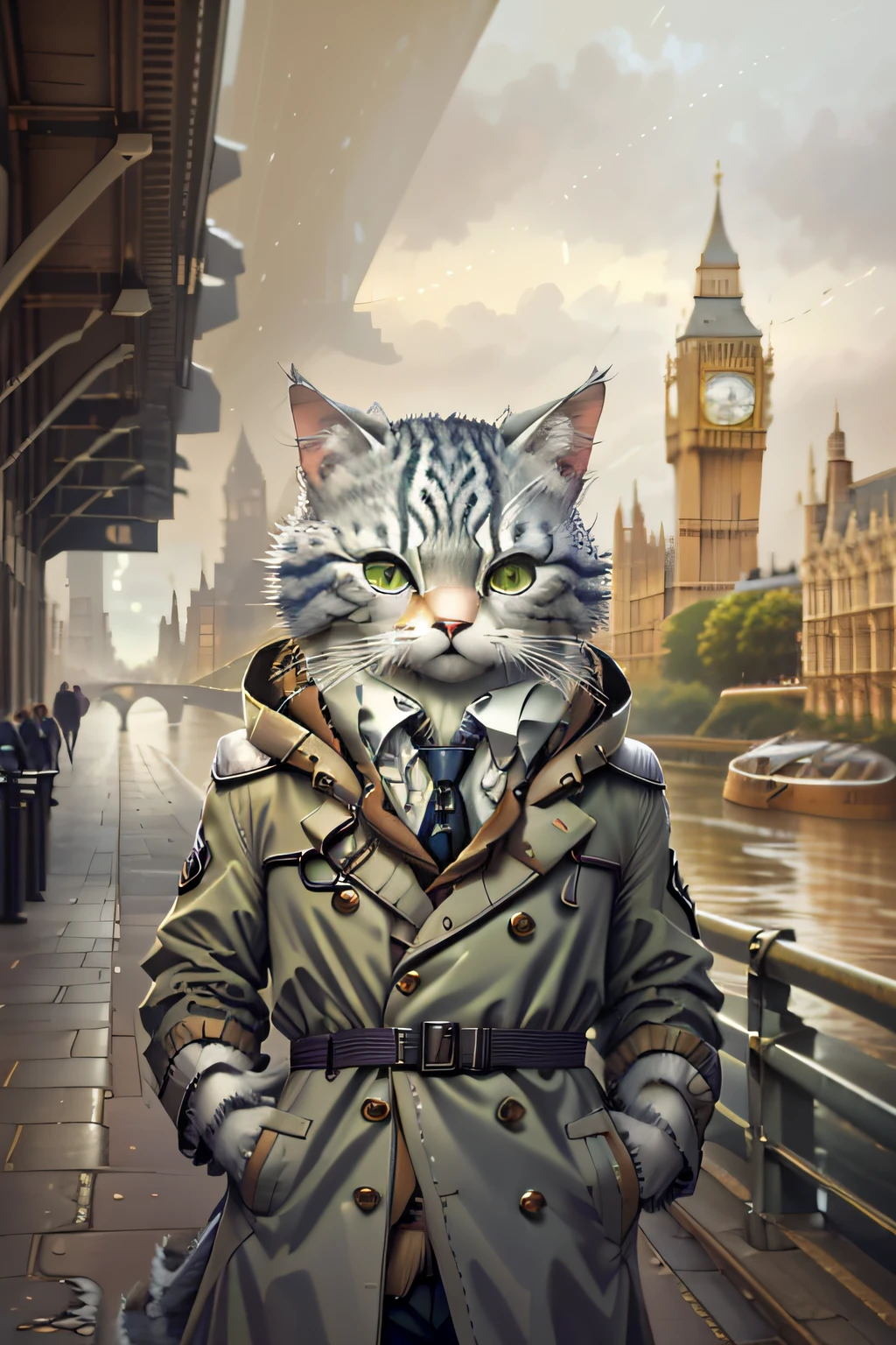 Close up photography （Silver tabby cat：1.2）anthropomorphic turtle， Wear a khaki trench coat，in london，River Thames in the background， （c4ttitude：1.3）， London streets，By the Thames， Ultra photo realsisim， intricately details， （Mist：1.1），