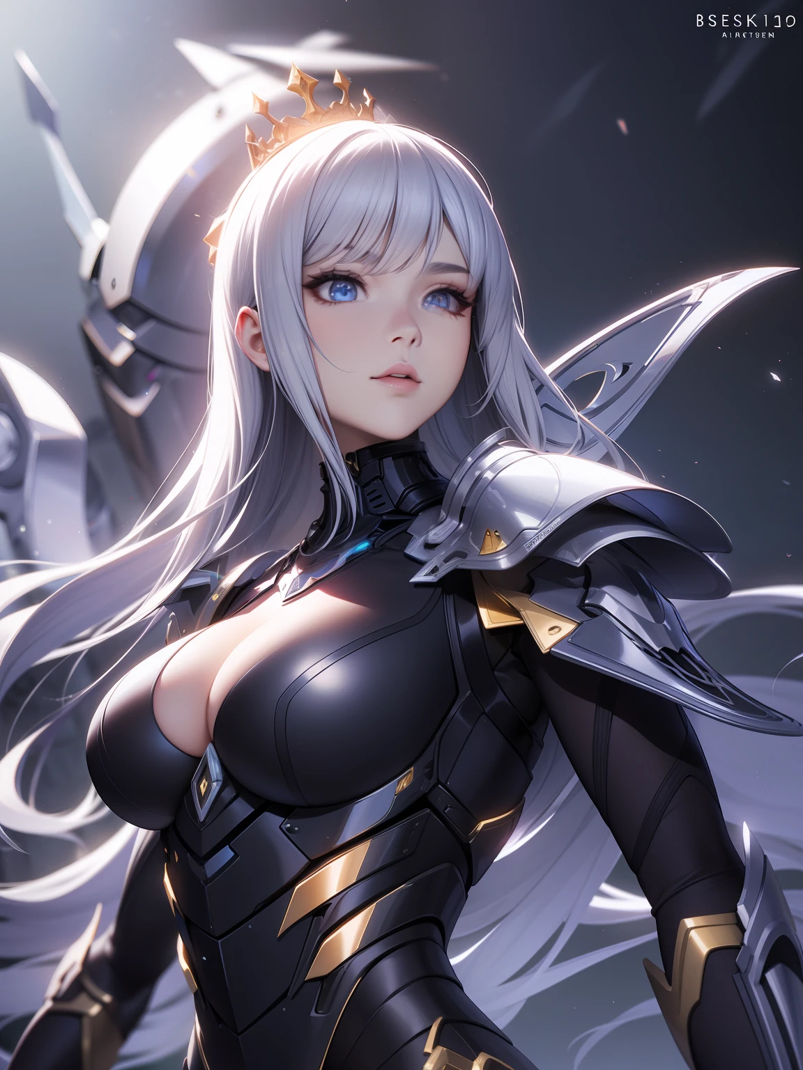 Exoskeleton mech，afofuturism，Gold and red theme style，offcial art，Unity 8k wallpaper，Hyper-detailing，Master masterpieces，，Best quality at best，A woman who is，（The is very detailed），（RAW photos，best qualtiy），（Realistis，realisticlying：1.3），High- sharpness，Open Your Mouth Lightly，Ultra detailed complex 3D rendering of the face，Mecha back，（highly detailedskin：1.2），），Beautiful Caucasian Woman，Soft breasts and fair skin ，Black color hair，eBlue eyes，long whitr hair，，dynamic angle，Mysterious expressions，fire glow effect，Fantasy background，edge lit，Side brightness，cinematric light，hyper HD，8K，filmgrain，Best shadow，light particules，detailed skin textures，Detailed jewel armor texture，detailed face with，with intricate detail，ultra - detailed，brightly，sturdy，Silver armor，，Slender abs， have glowing weapons，Mecha shield，pole，（Beautiful huge mech crown with details）），shinning eyes，long cape，fanciful,,,,,（Realistis），
