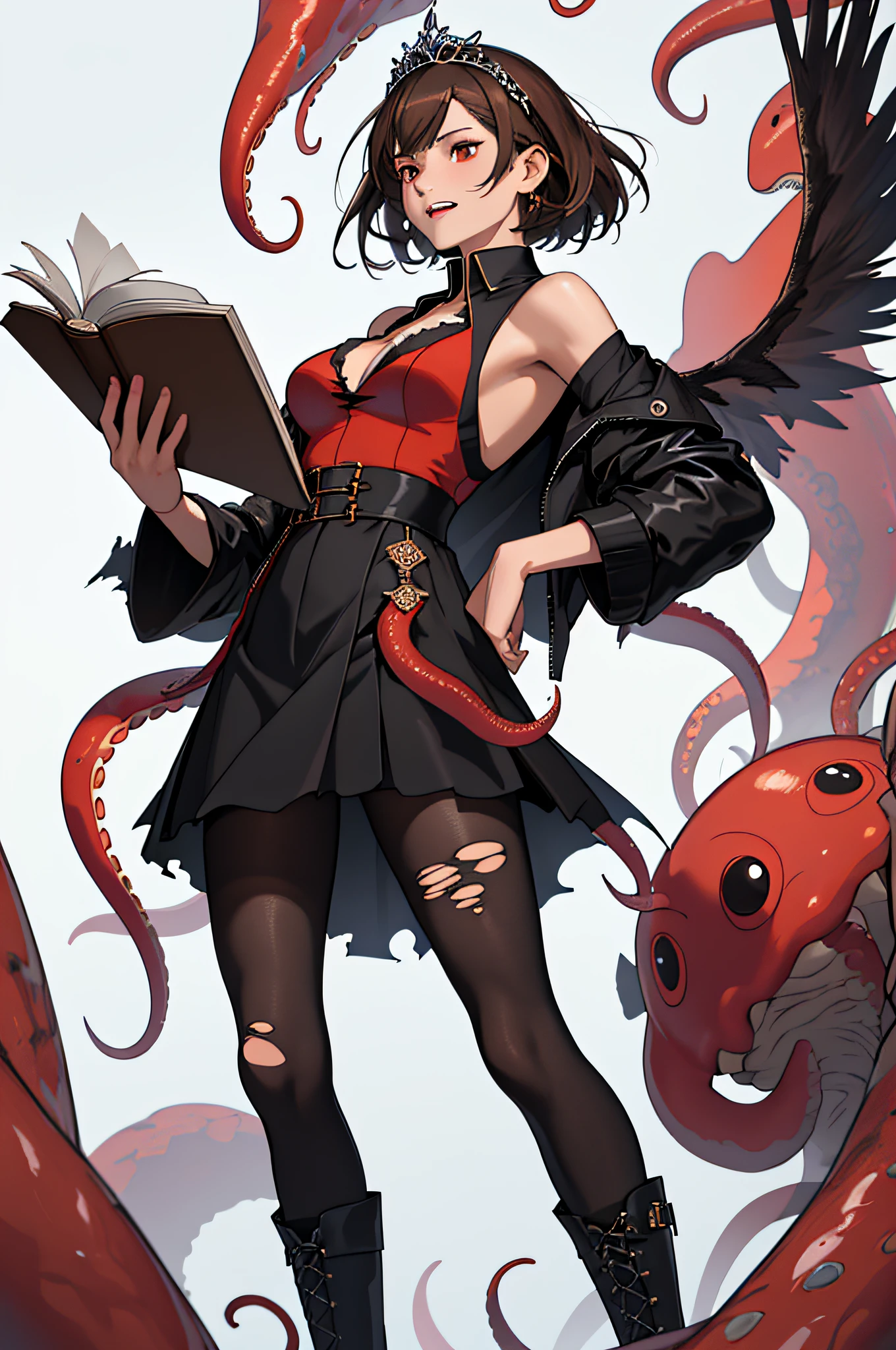 (master piece:1.3),(Ultra detailed:1.1), (Best quality, Masterpiece:1.4), (Realism:1.2), (Realistis:1.2), (absurderes:1.2), 4K, Detailed, Ultra-detailed,Witches,(Octopus tentacles;2),big laughter,Red eyes,Feathered wings,torn laundry, lacepantyhose, nedium breasts,A brown-haired, reddress, (nerds:1.2), jaket, floating object, 独奏, a skirt, Floating books, black black jacket, Torn pantyhose, Boots, 无袖, white shirt, The shirt, arma, Brown hair long, standing on your feet, looking at viewert, afloat, Open your clothes, exposed bare shoulders, black pantyhoses, full bodyesbian, Black tiara, Keep one's mouth shut,thongs,Open jacket,cropped shoulders,high-heels