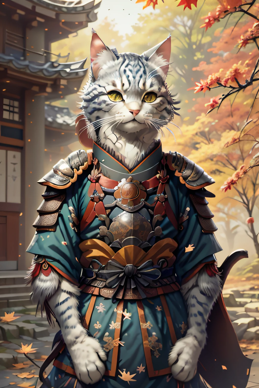Close up photography (Silver tabby cat:1.2)anthropomorphic turtle, Worn Japan samurai uniform,In Kyoto,japanese temple in background, Dry landscapes(c4ttitude:1.3), fall foliage,A park in Kyoto, Ultra photo realsisim, intricately details, (Mist:1.1),