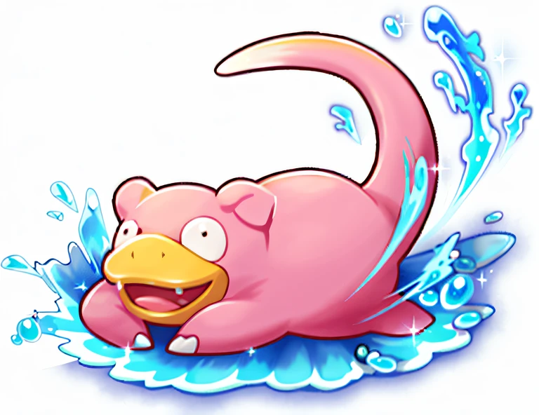 Cartoon pink pig swimming in blue water with yellow beak, water bear, platypus, ethereal eel, splashcreen character art, serpentine water monster, spatter, river otter dragon, zun, seagulls, pink iconic character, shogakukan, resin, Water type, greg ], Splash, shirabii, tomba