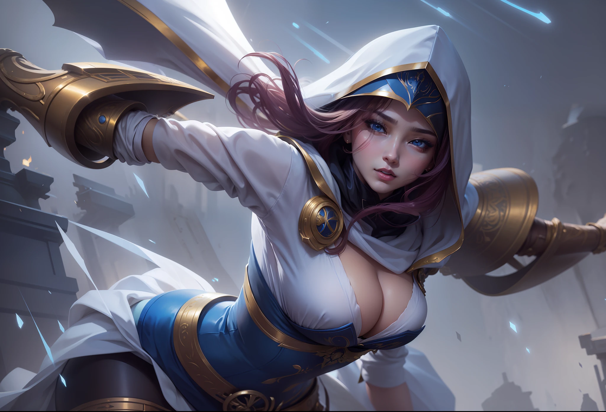 Art mobilegends versi Ai,realistis mobilegends
,seductive facial expression,pretty face,hood white, blue, and gold color line,
wearing black bra