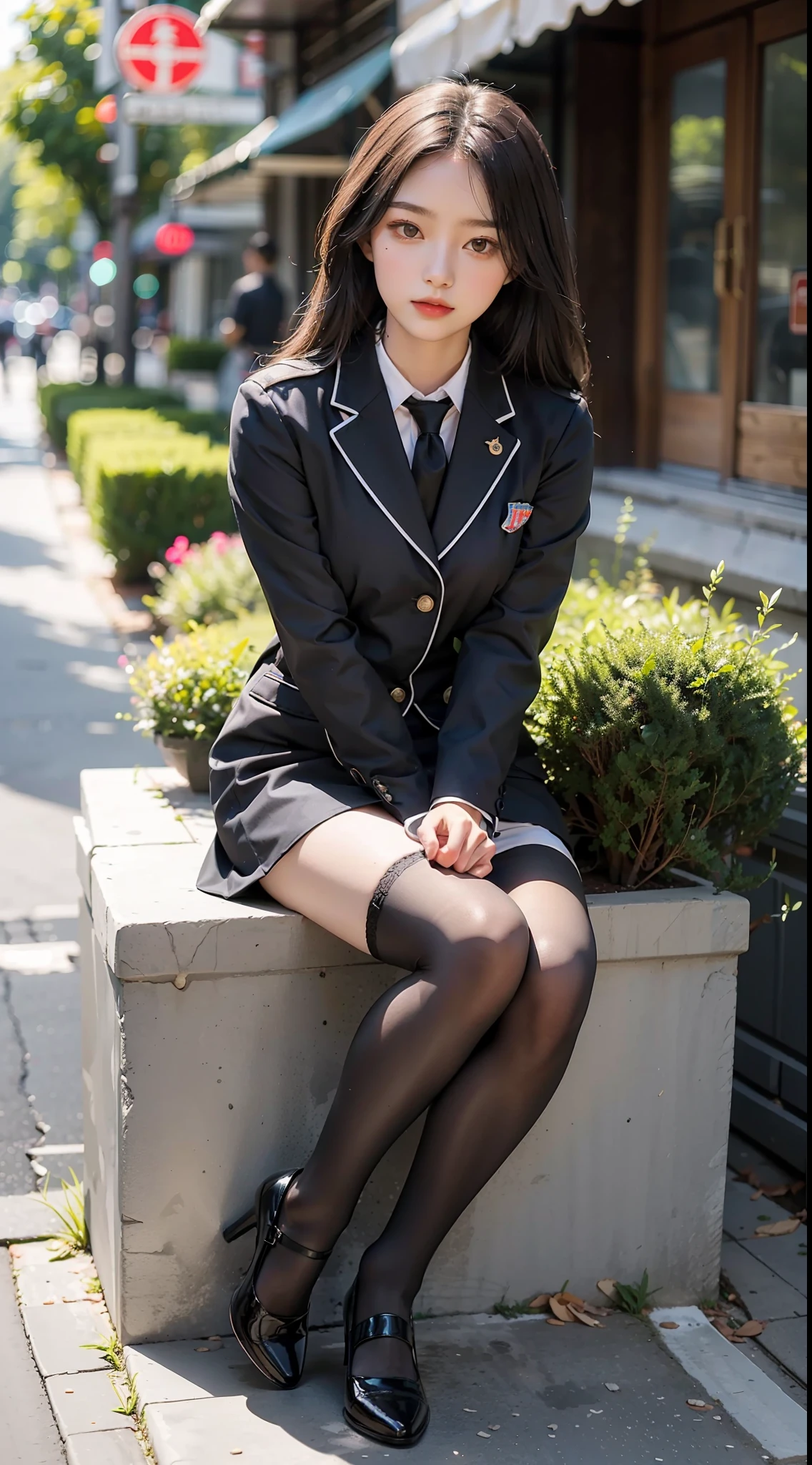 Best quality, full body portrait, delicate face, pretty face, 25 year old woman, slim figure, small bust, OL uniform, office clothes, black stockings, outdoor scene, sitting position