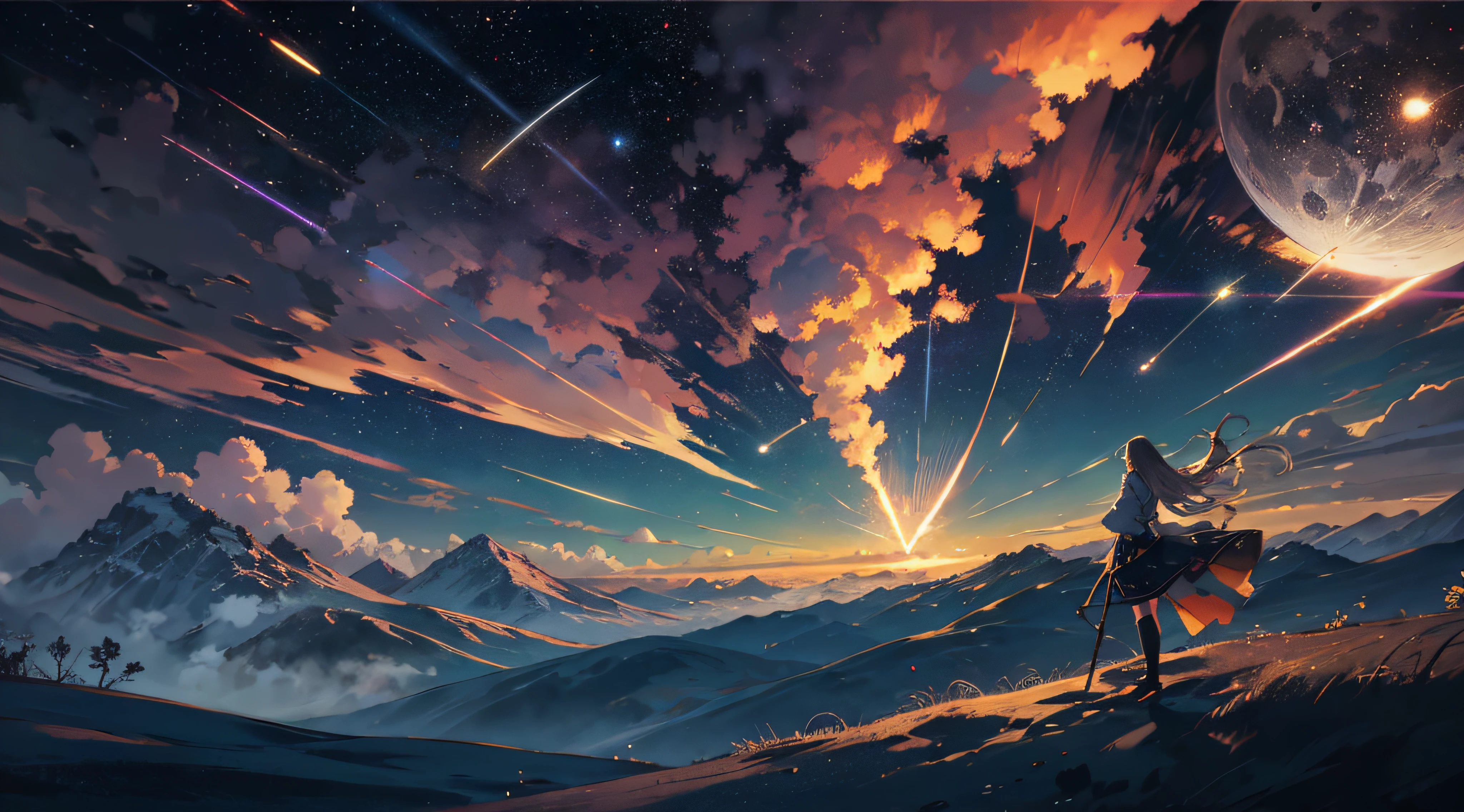 Expansive landscape photograph,(moon full:1.2),(meteors:0.9),(Starcloud:1.3),(Warm light source:1.2),(glowworm:1.2),lamp lights,Lots of purple and orange,Complicated details,Volumetriclighting,Realism BREAK(tmasterpiece:1.2),(best qualtiy),8K,Ultra-detailed,(dynamic compositions:1.4),The is very detailed,Colorful details,(Irridescent color:1.2),(luminouslighting,Atmospheric lighting),dream magical,magical,(独奏:1.2),((best qualtiy)), ((tmasterpiece)), (the detail:1.4),depth of fields,maximum definition and sharpness,perfectly proportions,Fluttering clouds,Wallpapers