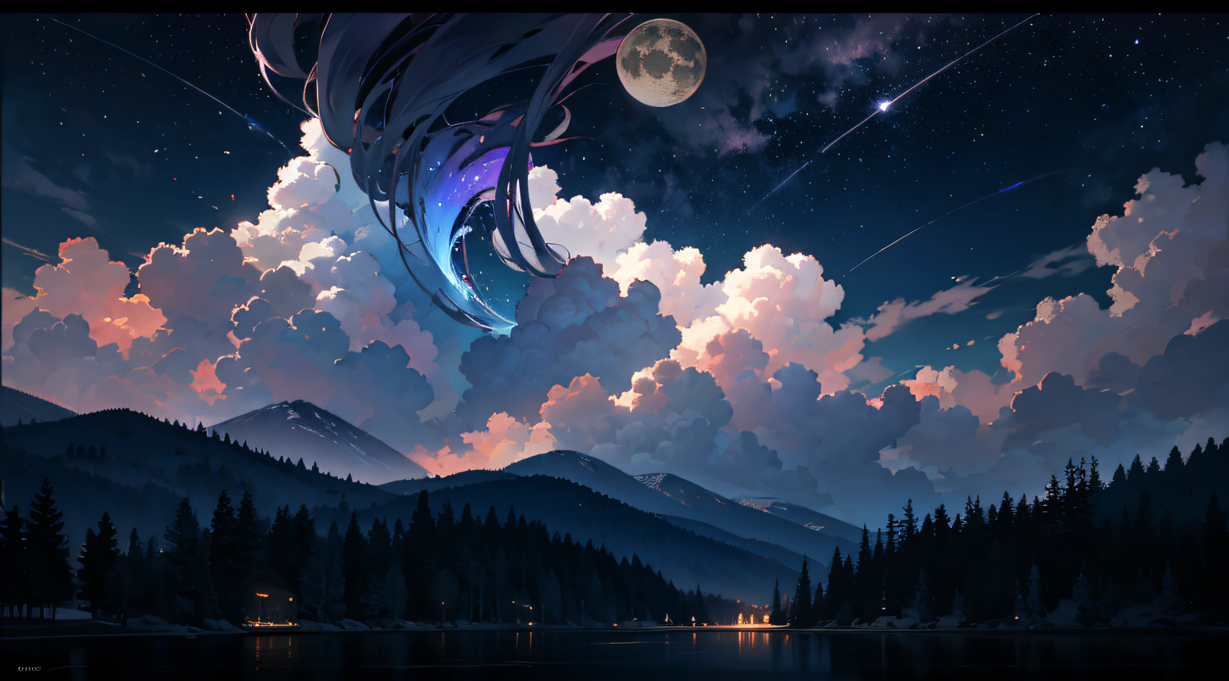 Expansive landscape photograph,(moon full:1.2),(meteors:0.9),(Starcloud:1.3),(Warm light source:1.2),(glowworm:1.2),lamp lights,Lots of purple and orange,Complicated details,Volumetriclighting,Realism BREAK(tmasterpiece:1.2),(best qualtiy),8K,Ultra-detailed,(dynamic compositions:1.4),The is very detailed,Colorful details,(Irridescent color:1.2),(luminouslighting,Atmospheric lighting),dream magical,magical,(独奏:1.2),((best qualtiy)), ((tmasterpiece)), (the detail:1.4),depth of fields,maximum definition and sharpness,perfectly proportions,Fluttering clouds,Wallpapers