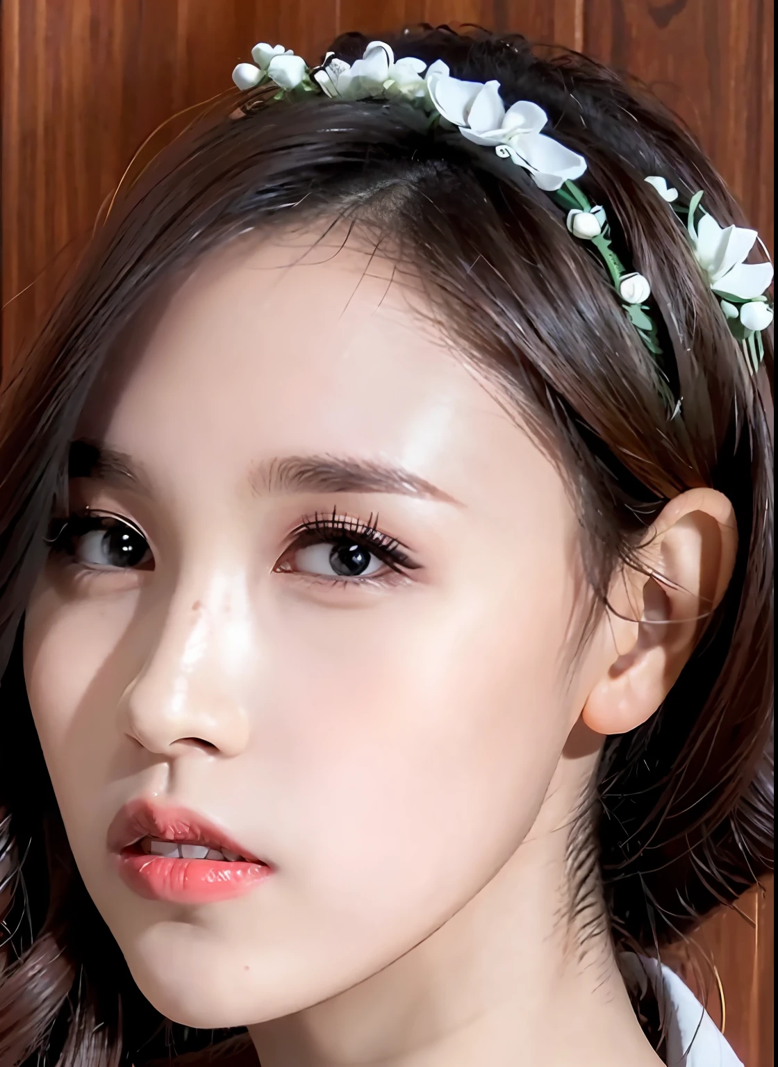 Mina,Black long hair,(8K, Best picture quality, tmasterpiece:1.2), (realisticlying, realisticlying:1.37), ultra - detailed, 1个Giant Breast Girl, adolable, 独奏, Beautiful detailed sky, Detailed café, natta, sitted, dated, (Nasal redness),(Keep one's mouth shut)smallunderboob,美丽细致的眼睛,(collar shirt:1.1),natta,dampness,Professional Dress,Sateen,White lace,(short detailed hair:1.2),Flowing hair NovaFrogStyle,