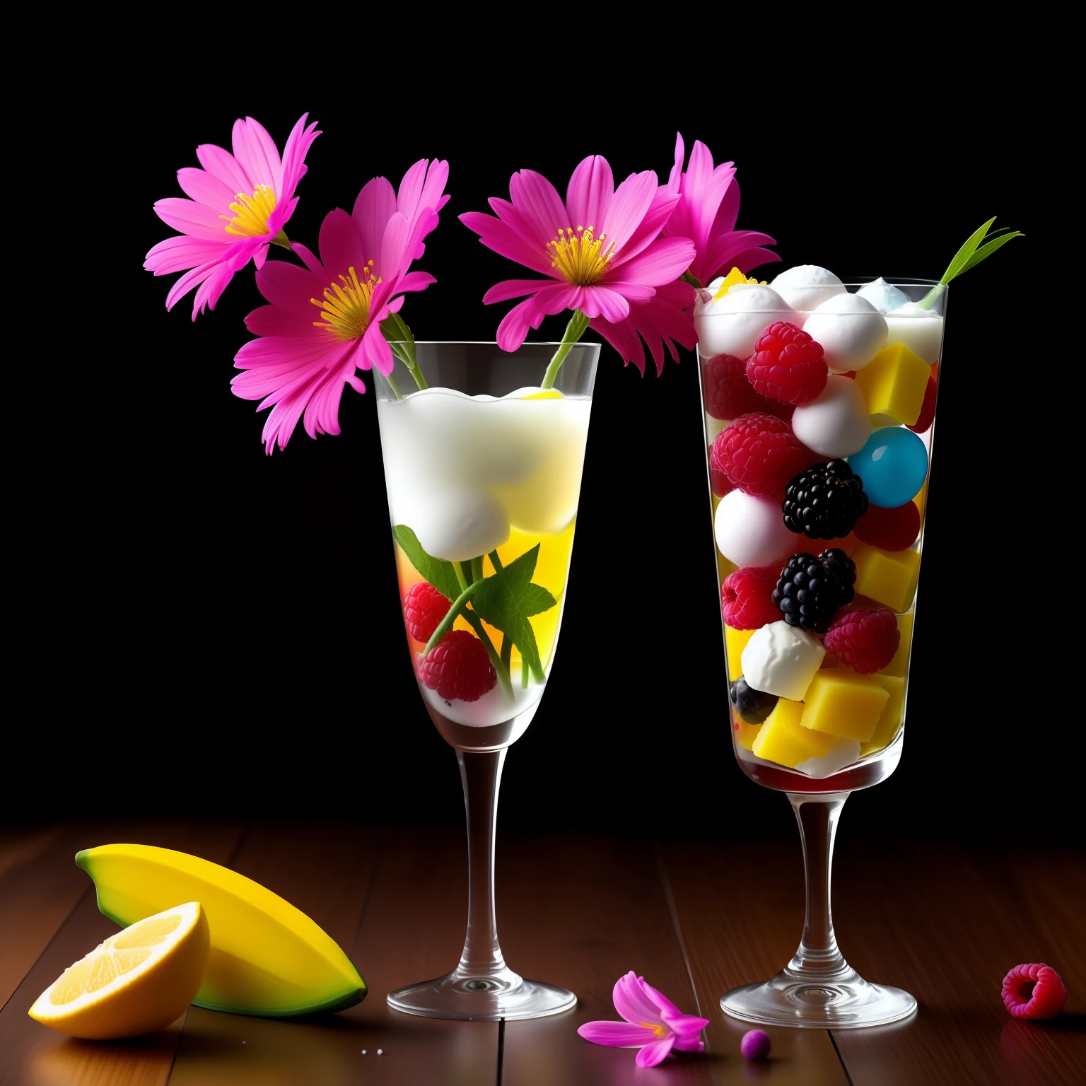 colorful flowers on table,
knickerbocker glory, tall thin glass beside glass of carbonated water, colorful ice cream, purple ice cream, raspberries, couli, blueberries, chopped chocolate, icing sugar, chopped mango,intricate, oil on canvas, masterpiece, expert, insanely detailed, 4k resolution, splash art, concept art, composition, framing, delicate features,
