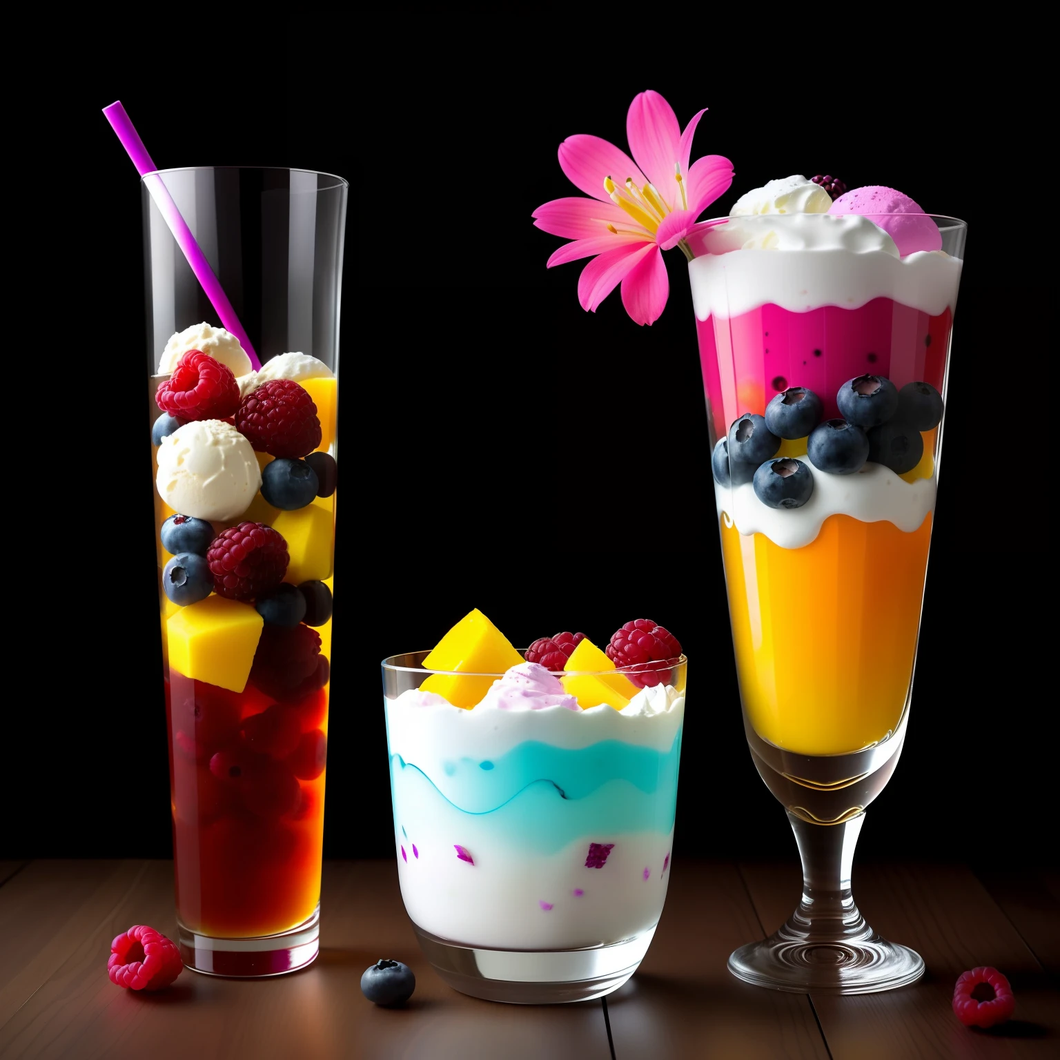 colorful flowers on table,
knickerbocker glory, tall thin glass beside glass of carbonated water, colorful ice cream, purple ice cream, raspberries, couli, blueberries, chopped chocolate, icing sugar, chopped mango,intricate, oil on canvas, masterpiece, expert, insanely detailed, 4k resolution, splash art, concept art, composition, framing, delicate features,