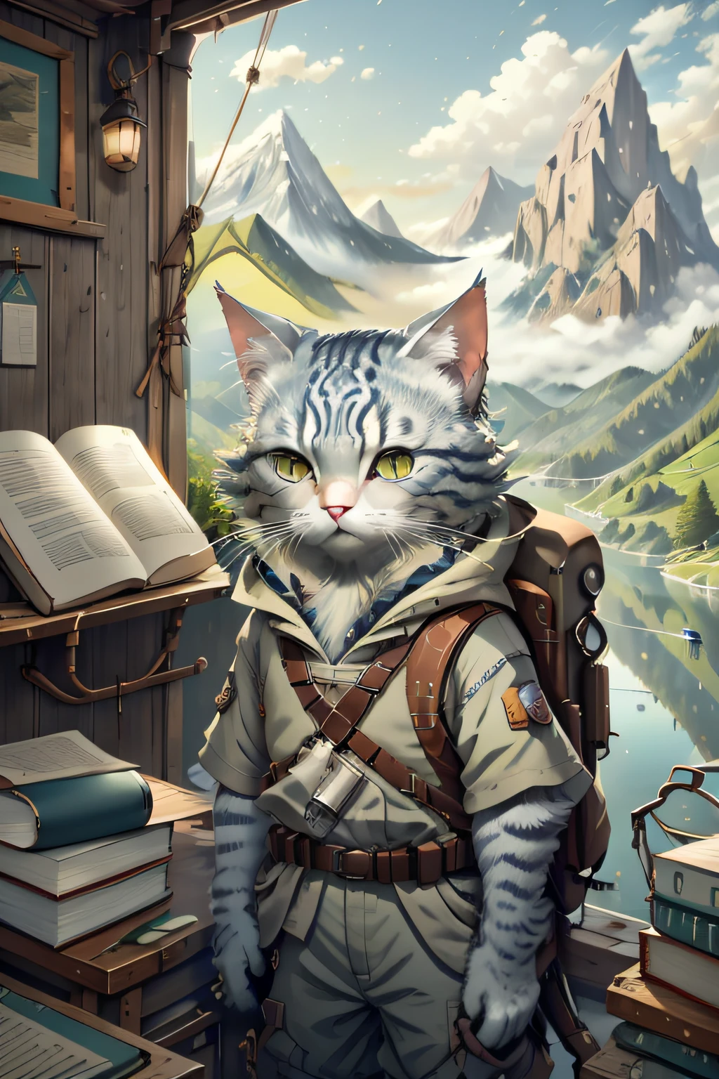 Close up photography （Silver tabby cat：1.2）anthropomorphic turtle， Wear a white T-shirt，Khaki cargo pants，Read a book on board，The boat sails in the lake，The background is mountains，（c4ttitude：） ultra-wide-angle， Ultra photo realsisim， intricately details， （Mist：1.1），