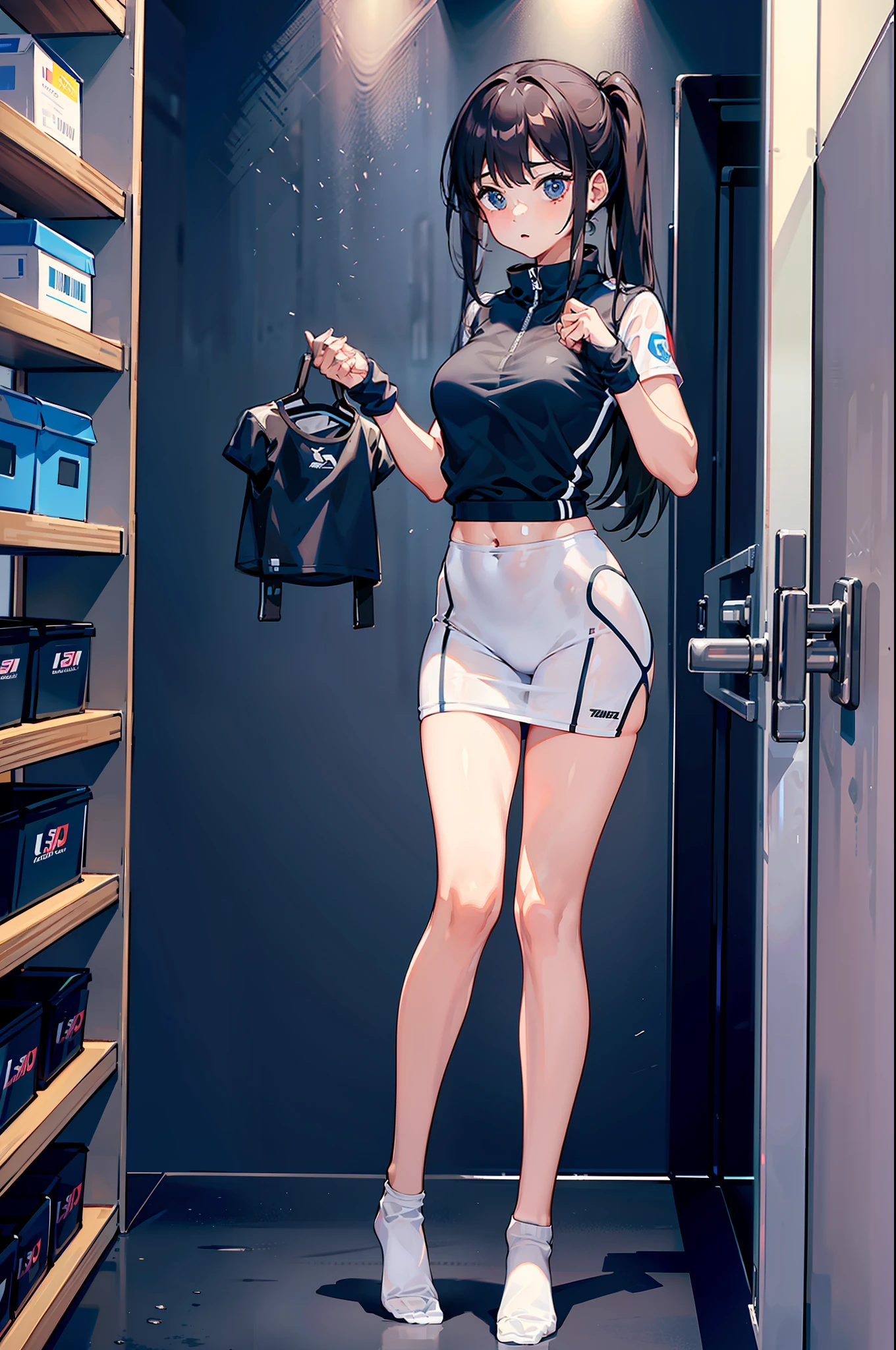 gym storeroom,1girll,,tmasterpiece,best qualtiy,highly detailed,no underwares,Ultra-transparent clothes,clothes see-through,Enchanting pose,is shy,Put your hands behind you,8K,face front