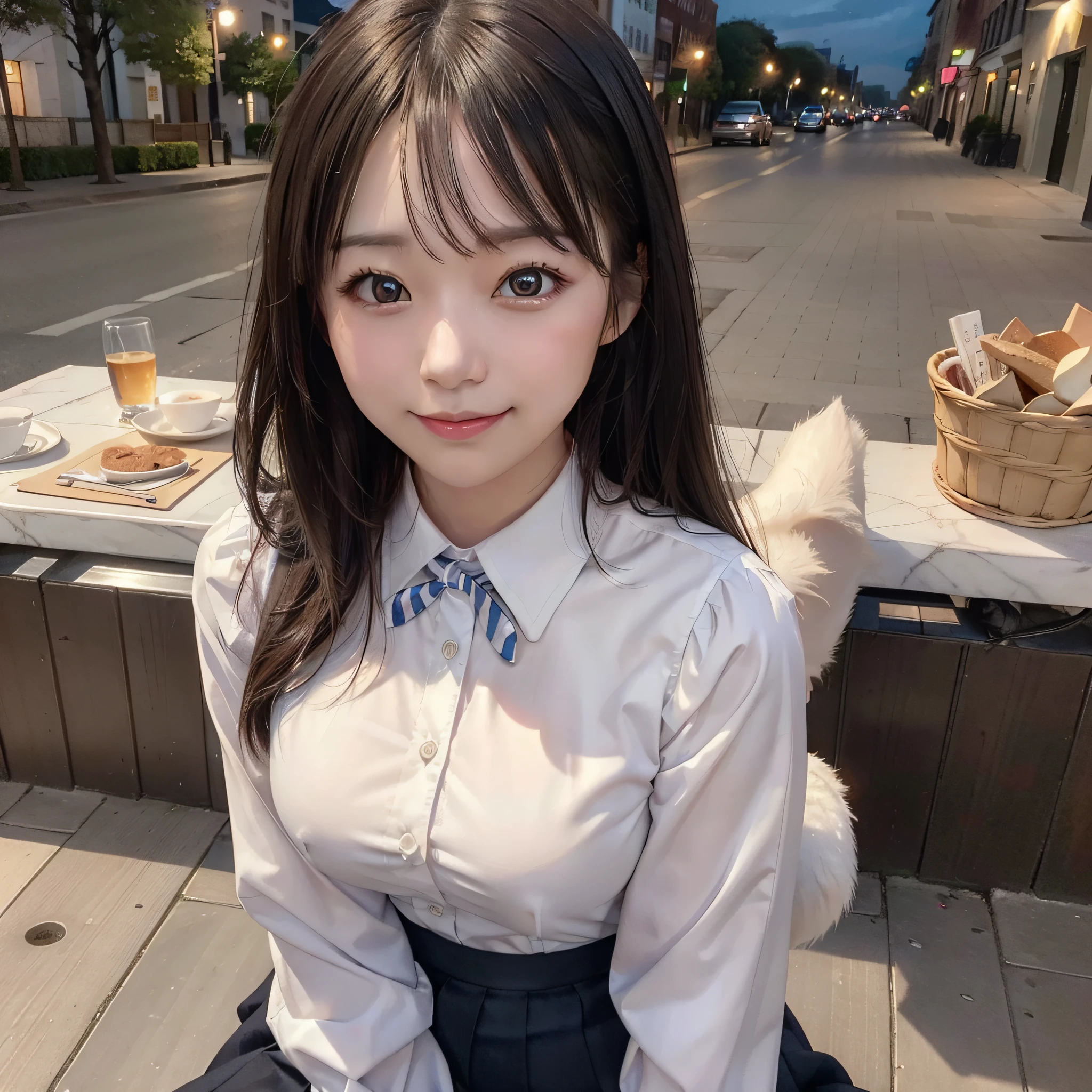 There is a woman who is on the street with a purse, petting white cat, Ulzzang, (8k, RAW photo, best quality, masterpiece: 1.2), (realistic, photo-realistic: 1.37), ultra-detailed, 1 girl, cute, solo, beautiful detailed sky, detailed coffee, night, sitting, dating, (flushed nose), (smile: 1.1), (closed mouth), medium breasts, beautiful detailed eyes, (collared shirt: 1.1), bow tie, pleated skirt,