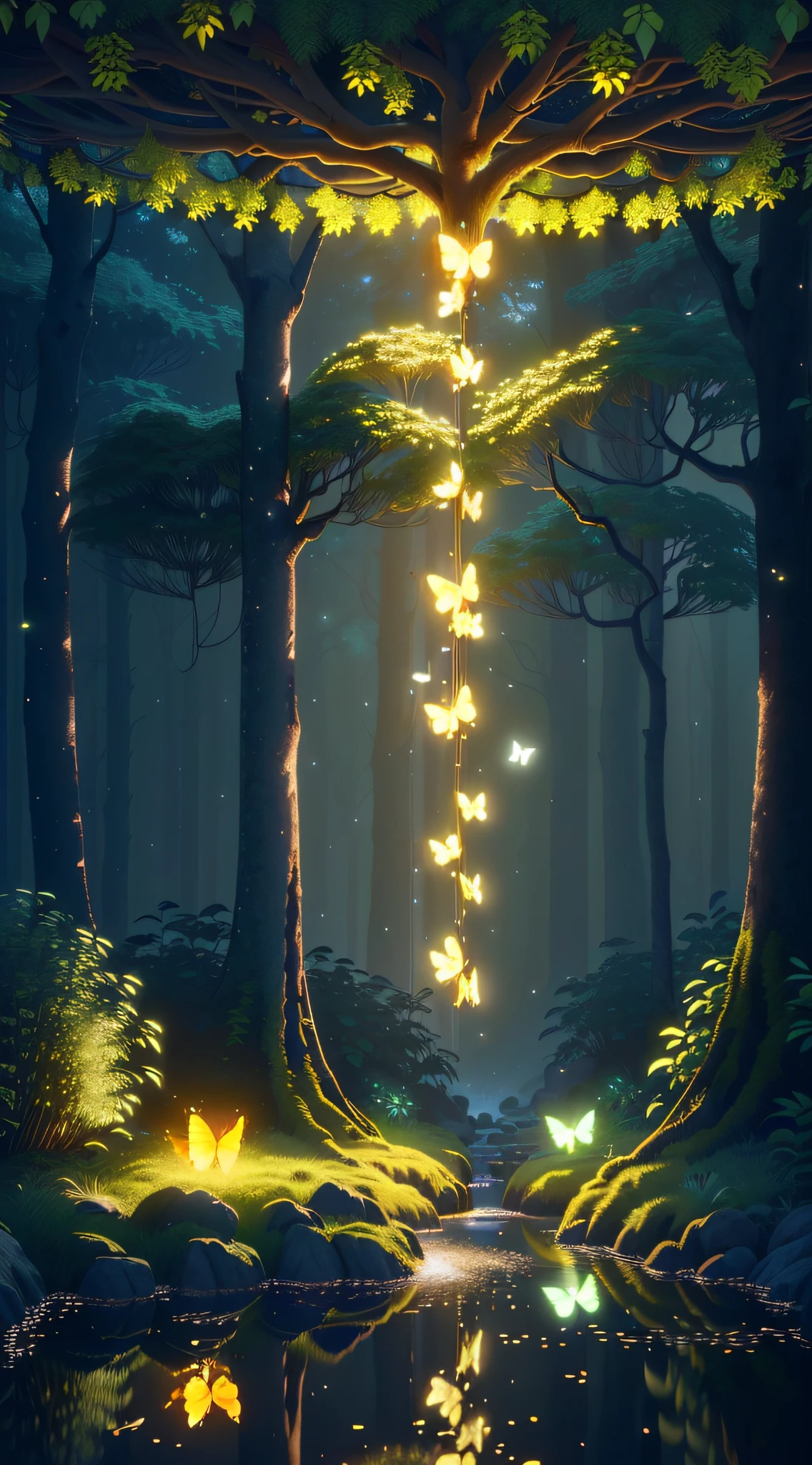 A masterpiece, the best quality, stunning reflections, the best reflections ever. (very detailed CG unity 8k wallpapers), (best quality), (best illustrations), (best shadows), forest theme with natural elements. Tall trees, quiet streams, small glowing mushrooms surrounded by delicate leaves and branches, with fireflies and glowing particle effects,, (natural elements), (jungle theme), (leaves), (twigs), (fireflies), butterflies, (delicate leaves), (glow), (particle effects). , Isometric 3D, Octane Rendering, Ray Traced, Super Detailed