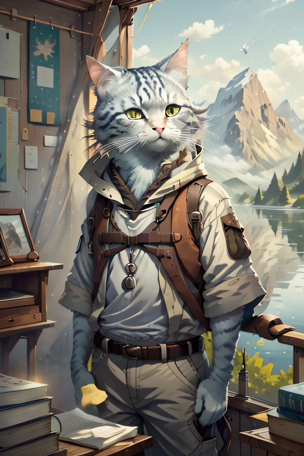 Close up photography （Silver tabby cat：1.2）anthropomorphic turtle， Wear a white T-shirt，Khaki cargo pants，Read a book on board，The boat sails in the lake，The background is mountains，（c4ttitude：） ultra-wide-angle， Ultra photo realsisim， intricately details， （Mist：1.1），