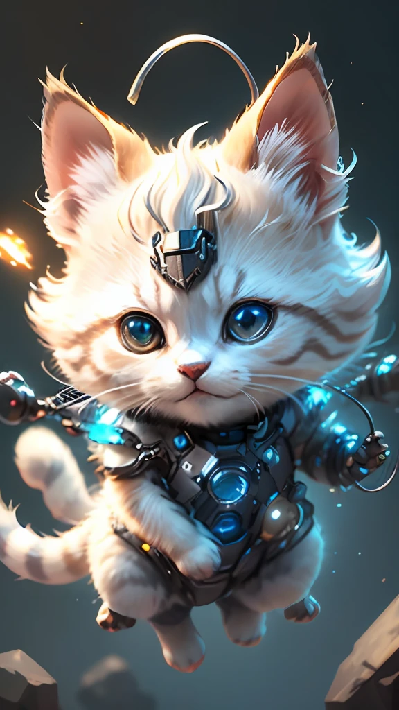A cute metallic white fur kitten，(Cyborg:1.1)，([Tail|detailed wire]:1.3)，(complexdetails)，hdr，(complexdetails，ultra - detailed:1.2)，Cinema lenses，Halo shadow，at centre，White-haired kitten！！！，red colour，ssmile，Funny，crystal，brightly，shaggy，Floating in mid-air