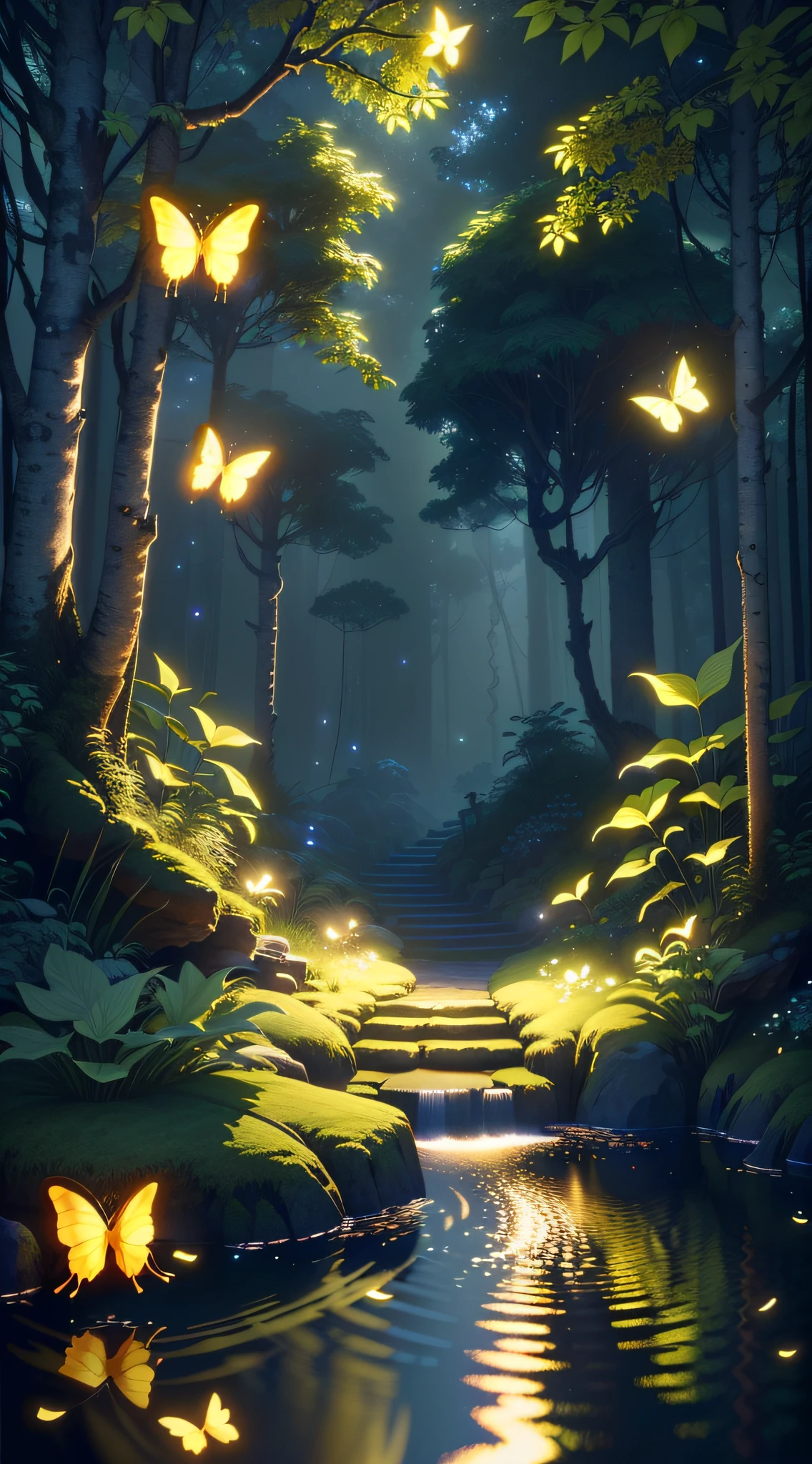 A masterpiece, the best quality, stunning reflections, the best reflections ever. (very detailed CG unity 8k wallpapers), (best quality), (best illustrations), (best shadows), forest theme with natural elements. Tall trees, quiet streams, small glowing mushrooms surrounded by delicate leaves and branches, with fireflies and glowing particle effects,, (natural elements), (jungle theme), (leaves), (twigs), (fireflies), butterflies, (delicate leaves), (glow), (particle effects). , Isometric 3D, Octane Rendering, Ray Traced, Super Detailed