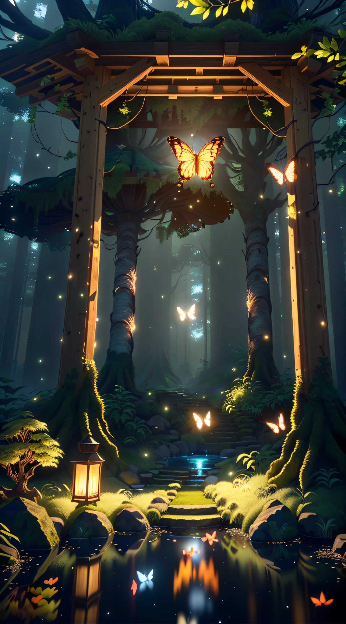 A masterpiece, the best quality, stunning reflections, the best reflections ever. (very detailed CG unity 8k wallpapers), (best quality), (best illustrations), (best shadows), forest theme with natural elements. Tall trees, quiet streams, small glowing mushrooms surrounded by delicate leaves and branches, with fireflies and glowing particle effects,, (natural elements), (jungle theme), (leaves), (twigs), (fireflies), butterflies, (delicate leaves), (glow), (particle effects). , Isometric 3D, Octane Rendering, Ray Traced, Super Detailed