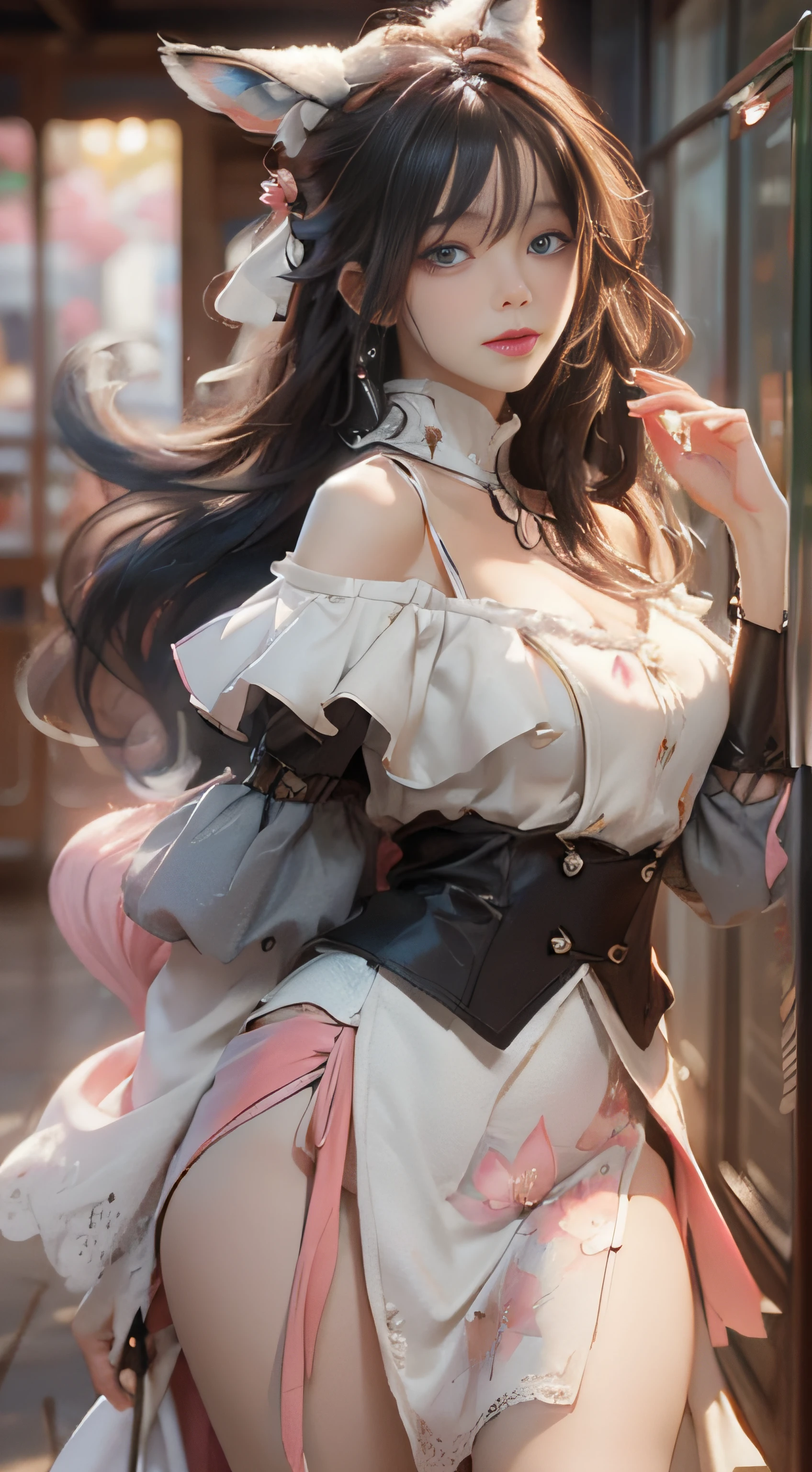 （（best qualtiy））， （（tmasterpiece））， （detail：1.4）， Beautiful cyberpunk female images，hdr（HighDynamicRange），Ray traching，NVIDIA RTX，Hyper-Resolution，illusory 5，sub surface scattering，PBR textures，post-proces，Anisotropy Filtering，depth of fields，maximum definition and sharpness，Many-Layer Textures，Albedo e mapas Speculares，Surface coloring，Mitsu-Accurate simulation of material interactions，perfectly proportioned，rendering by octane，Two-colored light，largeaperture，Low ISO，White balance，Rule three points、8K raw data、Beautiful bright blue pupils，off-the-shoulder clothes，Fine pupils，Delicate face and eyes，long eyelasher，Blushlush，Delicate and fluffy hair，pink lip，Pure，Cute face，Sweet girl，Artistic sense，Casual wear，Advancedsense，butterflys，Cherry blossom petal，Beautiful hair accessories，Long hair and waist，Hair fluttering in the wind，Snow-white fox ears，curlies，Snow-white fluffy tail，Positive light，The light from the back window is backlighted